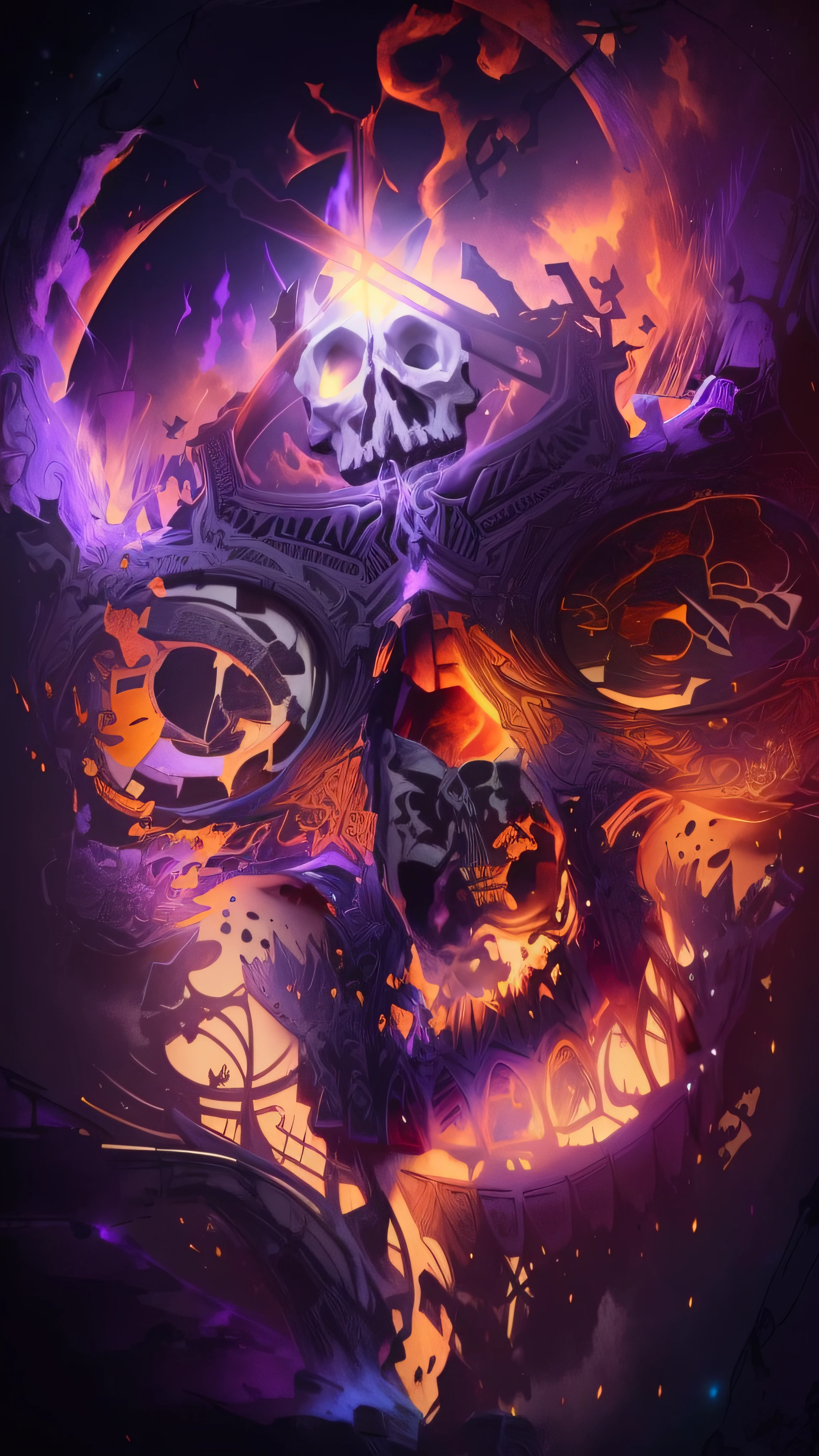 A closeup of a skull with flames, chamas brancas, fantasy skull, Skull of fire contemplating life, flaming skull, adorned with demon skulls, arte de fantasia digital 2d detalhada, arte de fundo, arte de capa detalhada, Arte digital escura mas detalhada, arte escura altamente detalhada, arte detalhada de alta qualidade 8K, sacred skull, arte digital de fantasia detalhada, imagem de avatar, Detailed illustration of game art, mundo roxo, nublado, nuvens roxas.