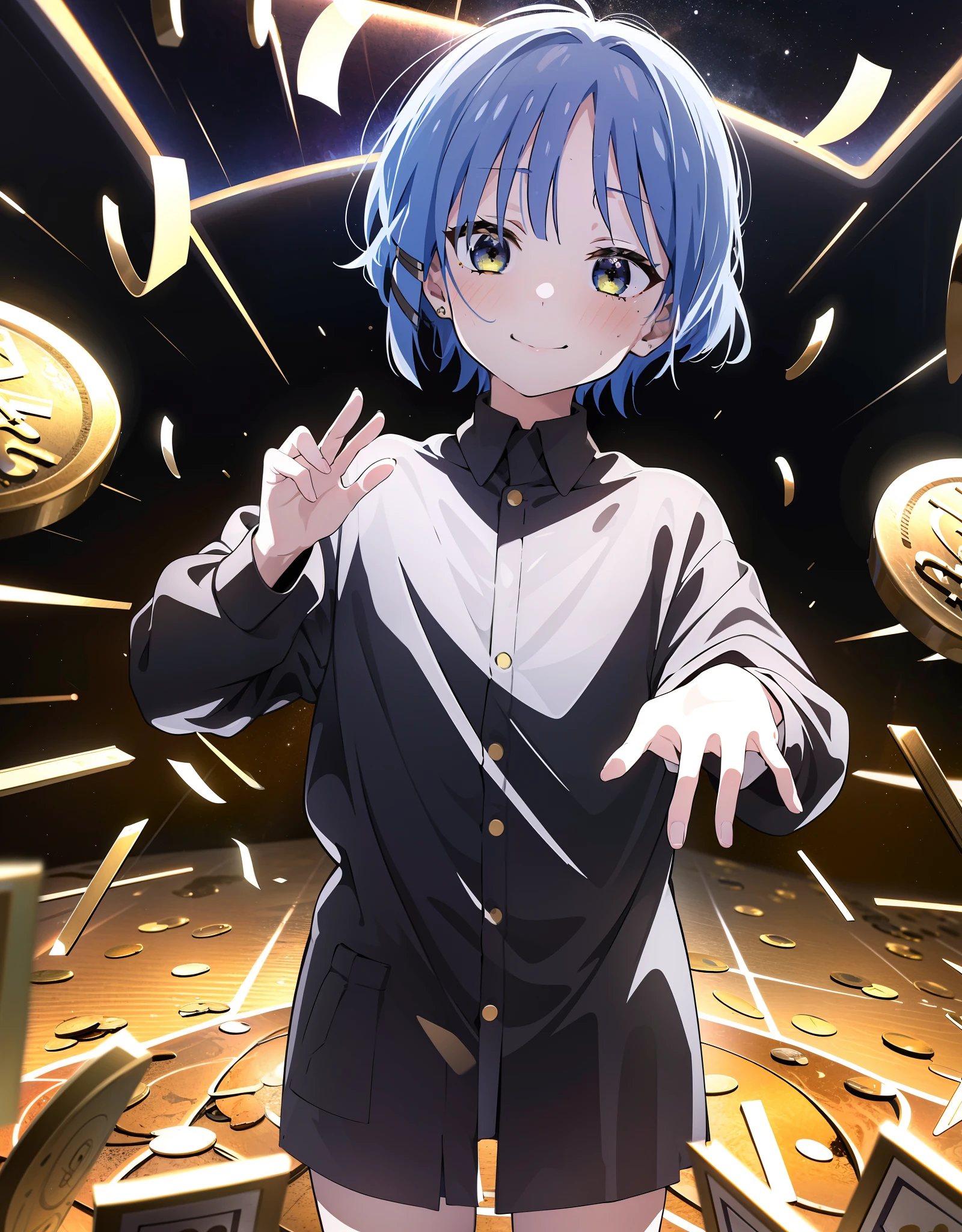 absurd res, high res, (masterpiece:1.4), ultra-detailed, 1girl, from above, space, floating, Ryo Yamada, money cash in hand, a lot of money, money, cash, flying money, coins, money, smirk, money everywhere, money money money cash money cash