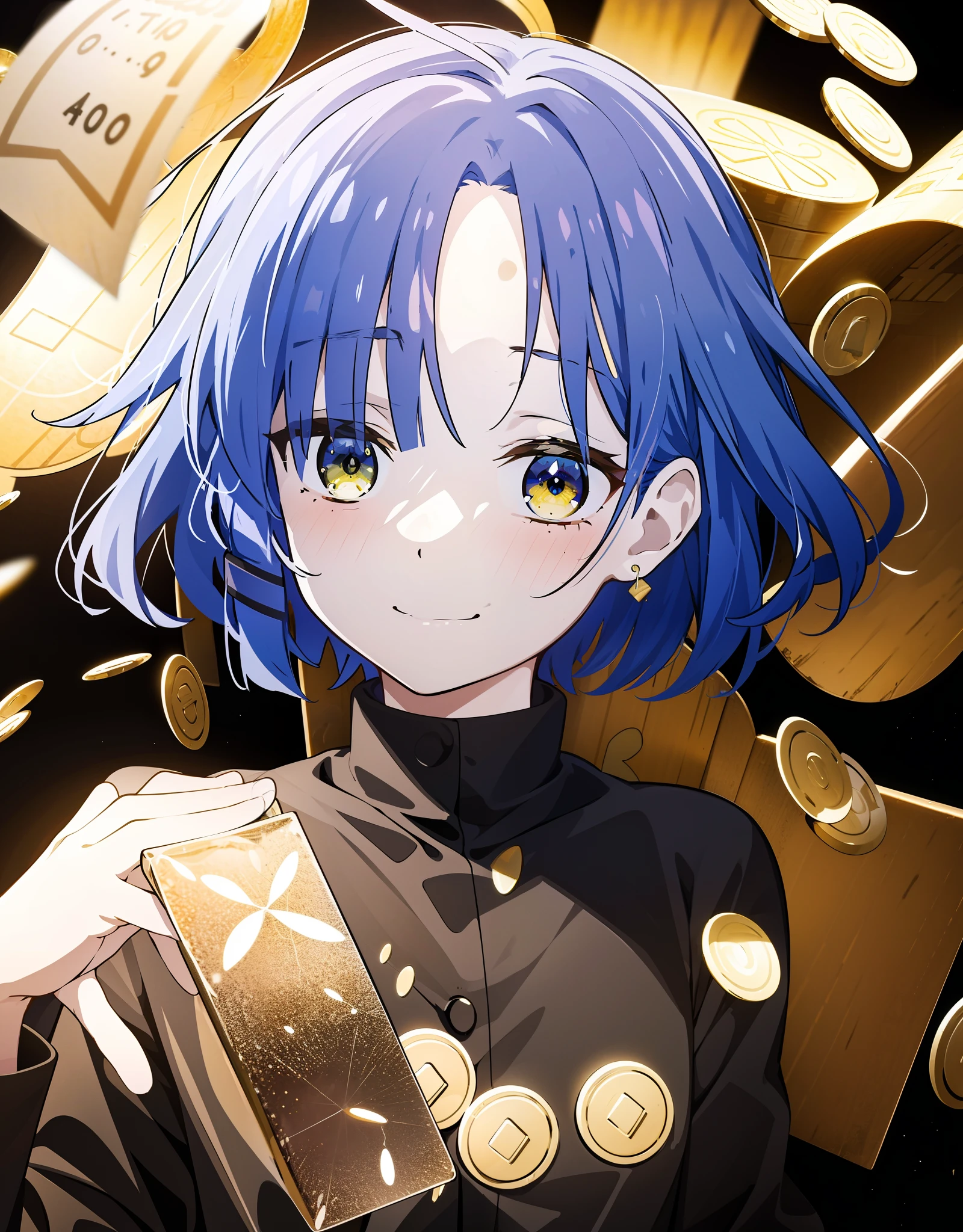 absurd res, high res, (masterpiece:1.4), ultra-detailed, 1girl, from above, space, floating, Ryo Yamada, money cash in hand, a lot of money, money, cash, flying money, coins, money, smirk, money everywhere, money money money cash money cash
