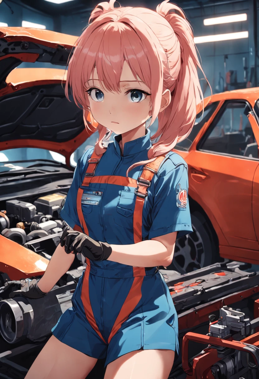 A masterpiece Mechanic girl fixing a car, perfect body, perfect head, wearing a mechanic's overalls, HD