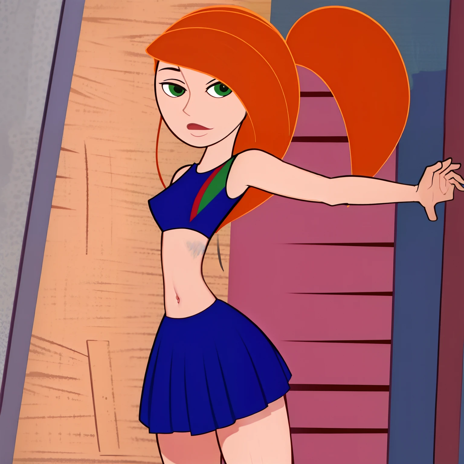 1girl, bare arms, bare shoulders, breasts, cheerleader, green eyes, highres, indoors, kim possible, kimberly ann possible, knee up, locker, locker room, long hair, midriff, miniskirt, navel, oira wa arumajiro, orange hair, pleated skirt, pom pom (cheerleading), sitting, skirt, small breasts, solo huge breasts bikini (masterpiece), best quality, expressive eyes, Beautiful FingerBeautiful body,Beautiful Nose,Beautiful character design, perfect eyes, perfect face,  
NSFW,official art,extremely detailed CG unity 8k wallpaper, perfect lighting,Colorful, Bright_Front_face_Lighting,
(masterpiece:1.0),(best_quality:1.0), ultra high res,4K,ultra-detailed,
photography, 8K, HDR, highres, absurdres:1.2, Kodak portra 400, film grain