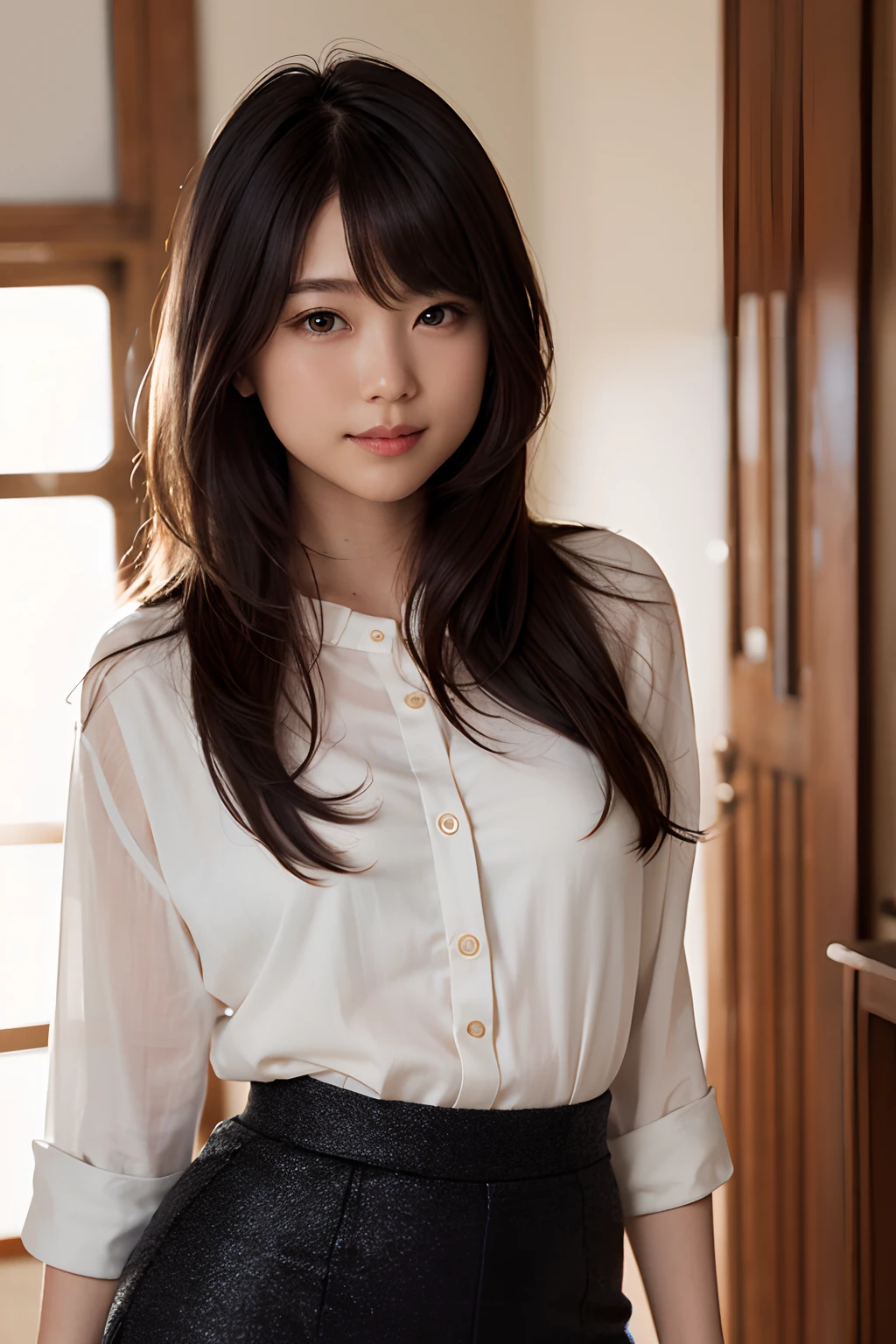 (8k, RAW photo, best quality, masterpiece: 1.2), (realistic: 1.6), (masterpiece), (best quality: 1.0), (highest quality: 1.0), (ultra hi-res: 1.0), detail, 40s, one, detail beautiful skin, detail room, ,realistic skin, middle breast, best quality, ultra high definition, cute, long hair, smile, , white shirt, , sitting on bed,