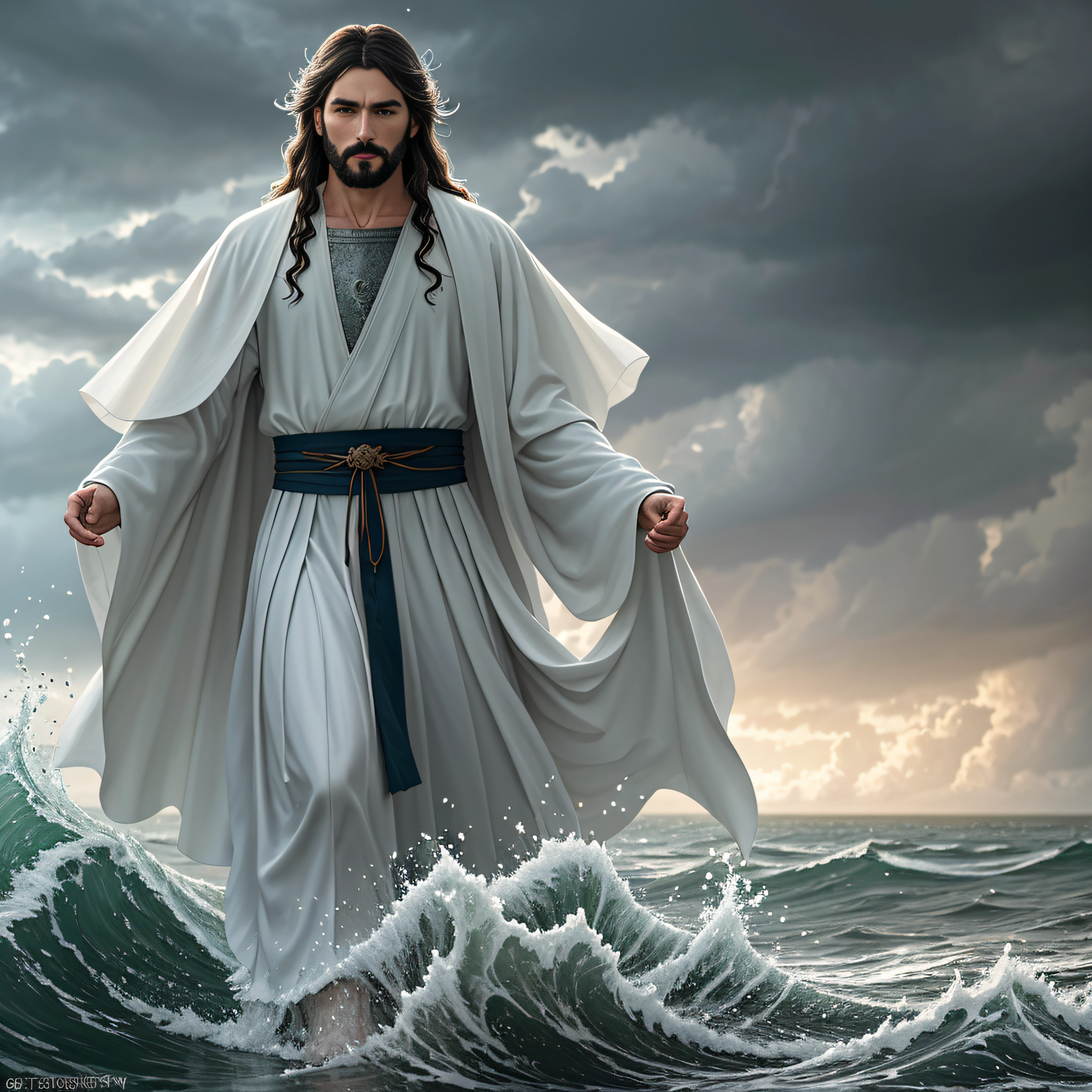jesus walking on water in a storm, masterpiece, best quality, high quality, extremely detailed CG unit 8k wallpaper, award winning photography, Bokeh, Depth of Field, HDR, bloom, Chromatic aberration, photorealistic, extremely detailed, trending on artstation, trending on CGsociety, intricate, high detail, dramatic, mid-journey art, volumetric lighting