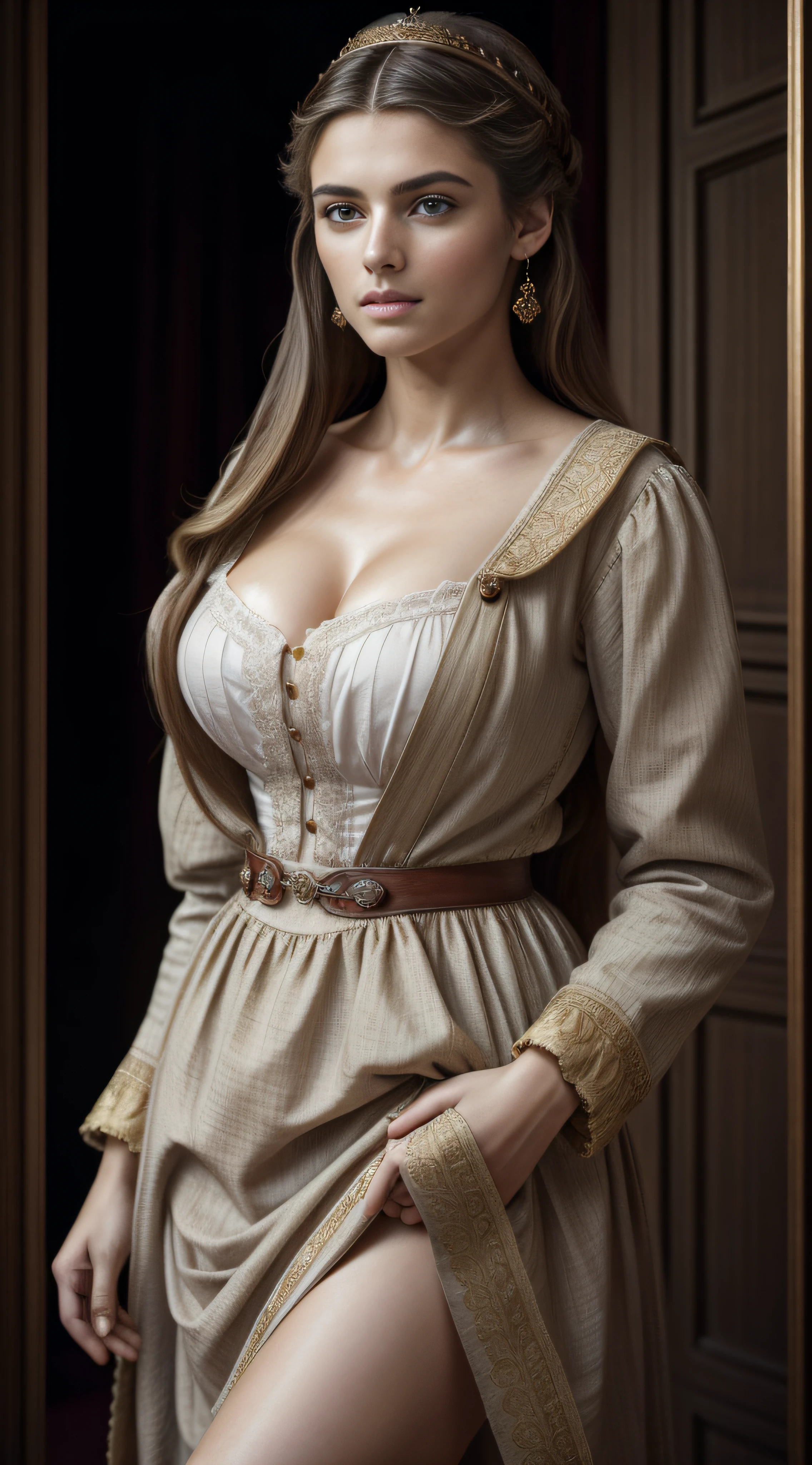 (masterpiece, photorealistic), raw, portrait of an attractive European girl, super model, head to toe full shot, wearing old English clothes in a beautiful and attractive emirate, very detailed and realistic face and skin texture, detailed eyes, Detailed lips, stylish clothes and slightly open buttons, focus, very attractive legs, royal shoes