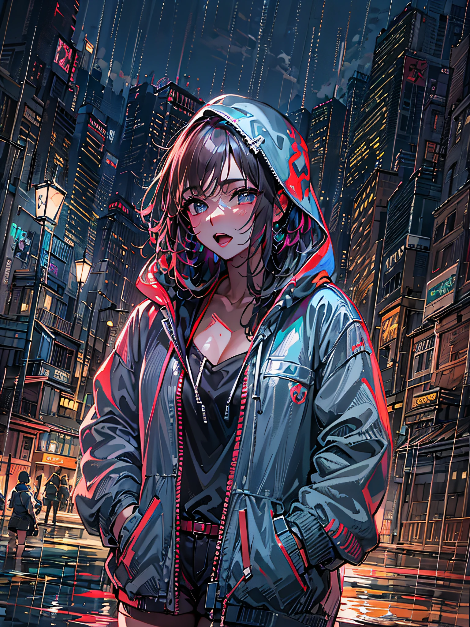 8 k resolution、((highest qualityr))、((obra maestra))、((Ultra-detallado))、1 mujer、solo、incredibly absurd、Oversized hoodies、auriculares、calle、Al aire libre、Lluvia por la noche、Neones、Corte de pelo、Ojos de colores brillantes、Manos en los bolsillos、pantalones cortos、goteo de agua、pelos rojos、Bob Cabello