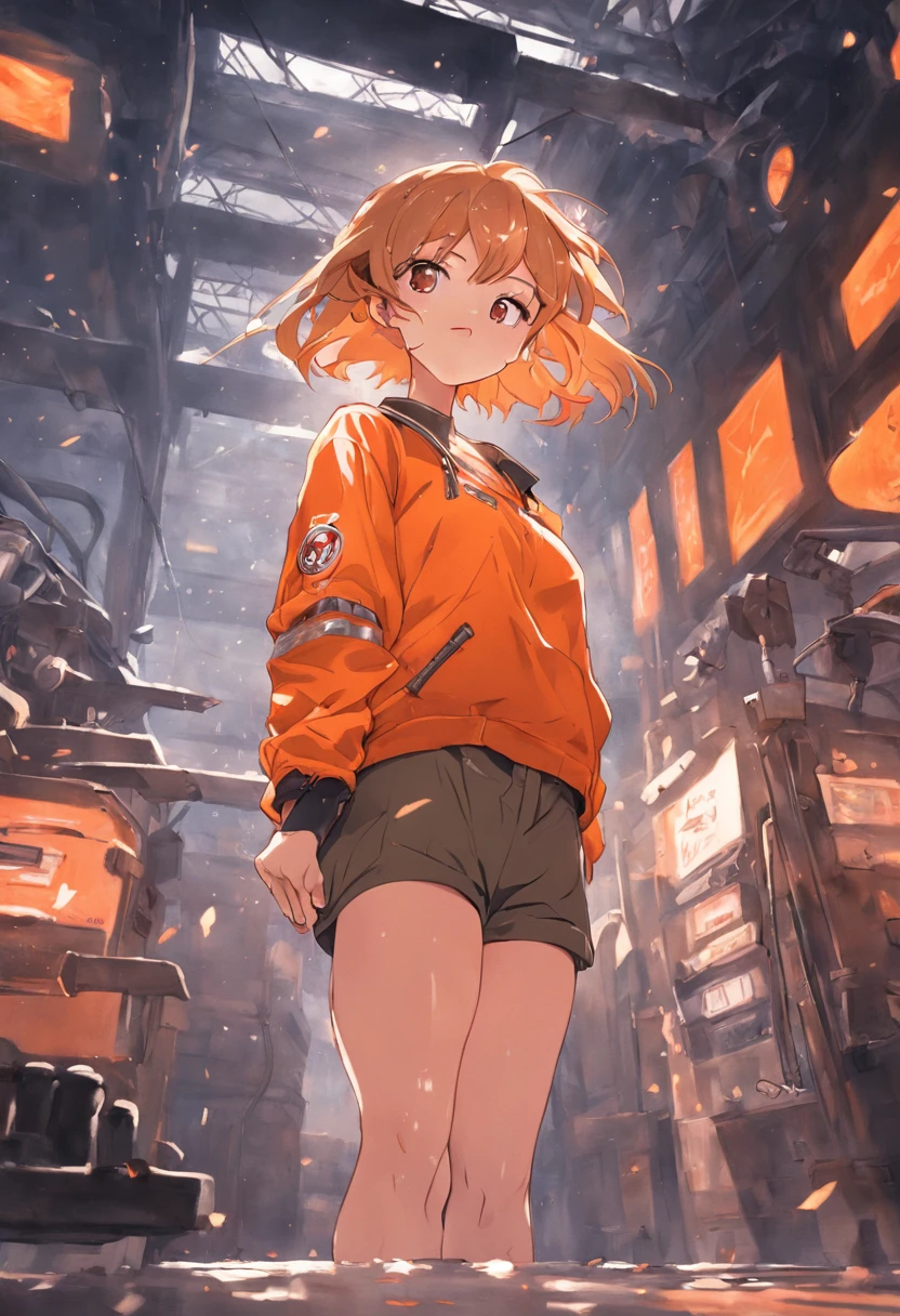 master piece, best qualtiy, ((realisitic)), ((1 person)), 8K picture quality, extremely delicate and beautiful, magnifica, Official art with attention to detail, Ridiculous, unbelievable Ridiculous, huge filesize, ultra-detailliert, ighly detailed, (Beautuful Women), (detailed woman), brown-haired, ((Perfect female figure)), large full breasts, Slim waist, ((I am an auto mechanic)), ((Orange short sleeve mechanic suit)), With bangs, Feminine look, (ssmile), Car repair shop