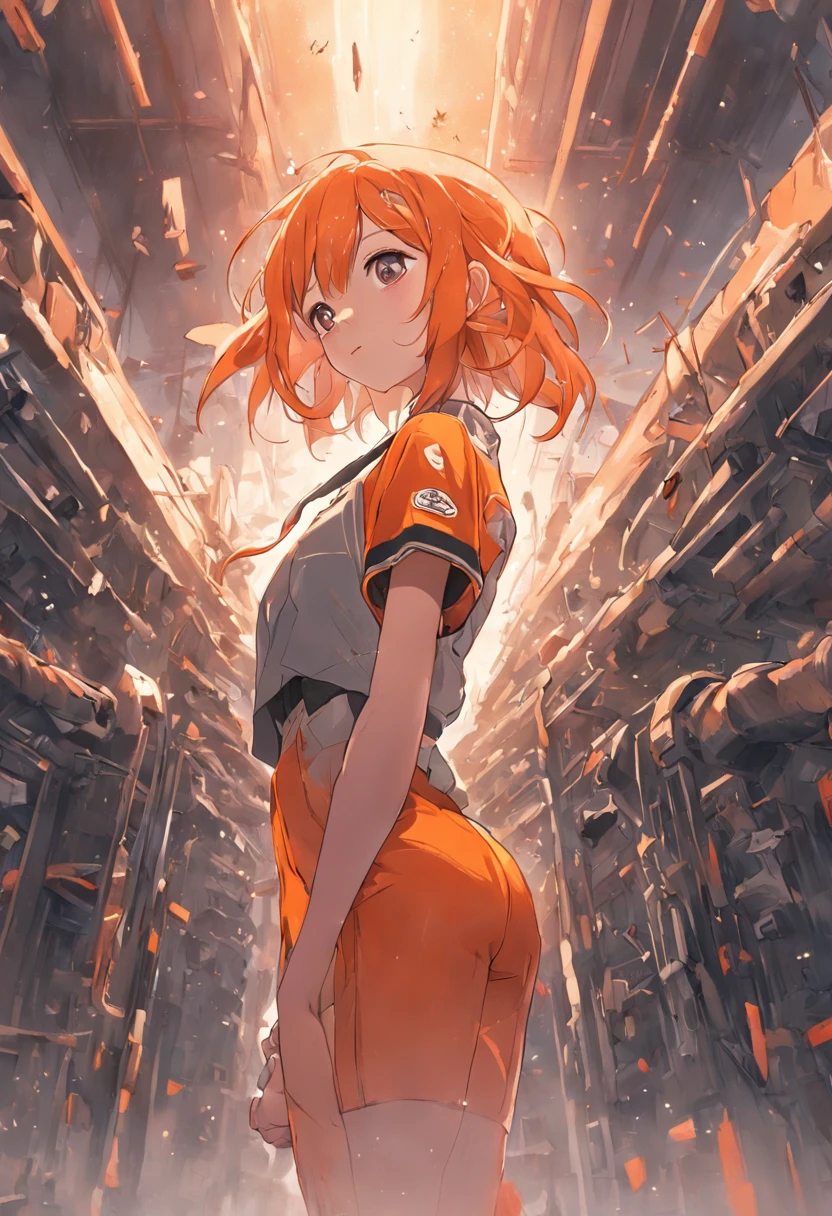 master piece, best qualtiy, ((realisitic)), ((1 person)), 8K picture quality, extremely delicate and beautiful, magnifica, Official art with attention to detail, Ridiculous, unbelievable Ridiculous, huge filesize, ultra-detailliert, ighly detailed, (Beautuful Women), (detailed woman), brown-haired, ((Perfect female figure)), large full breasts, Slim waist, ((I am an auto mechanic)), ((Orange short sleeve mechanic suit)), With bangs, Feminine look, (ssmile), Car repair shop