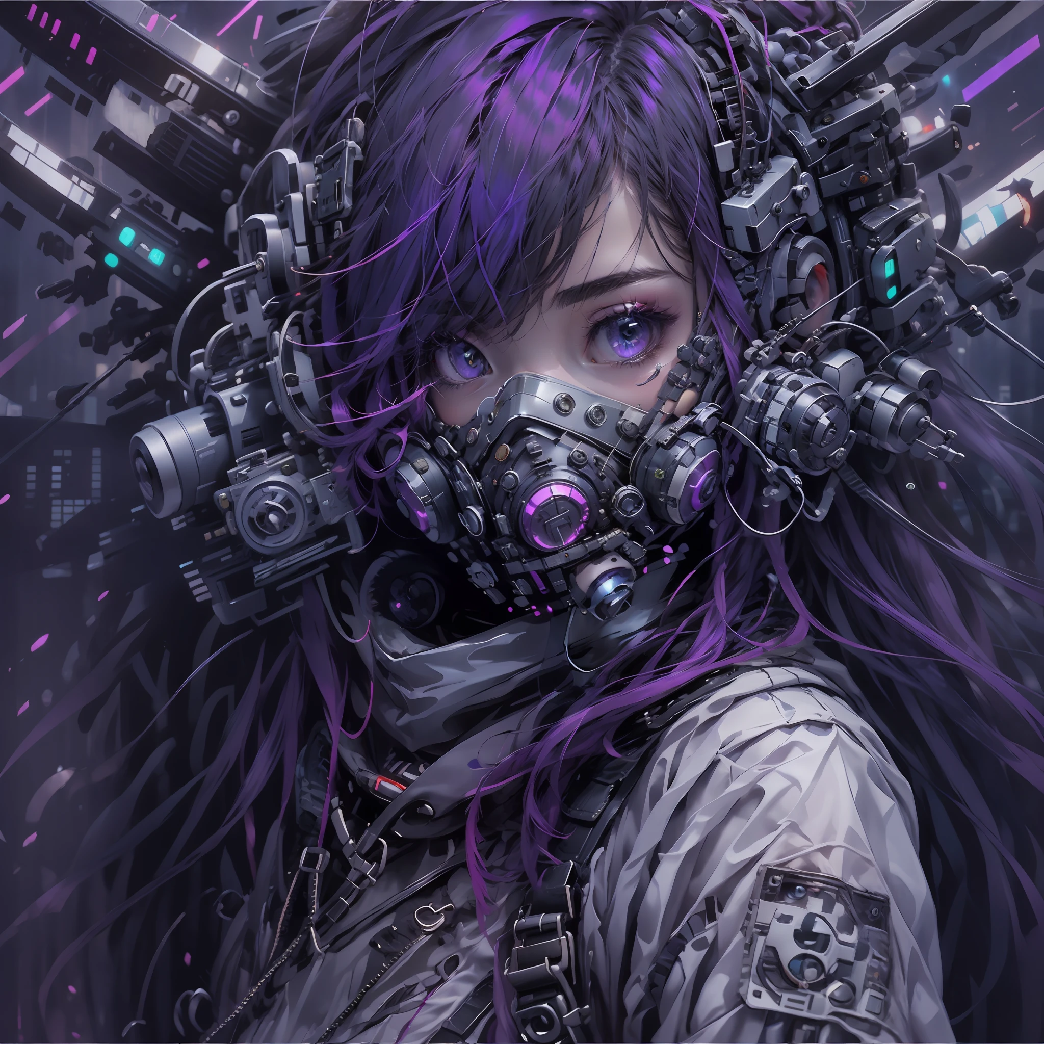 1girl, wear a cyberpunk mask, purple mask, Detail mask, retrato do rosto, tiro de close up | | |, de sala de guerra, estrutura militar cyberpunk