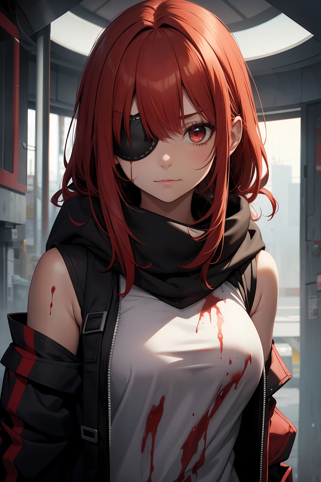 1 girl, bangs, red hair, red eyes, robotic sleeves, sad, covered eye, covered eye, right eyepatch, right eyepatch, metal scarf around neck, high resolution, black sweatshirt, white polo shirt, sleeves long, look up, blow, slight smile, solo, straight hair, upper body, hooded jacket, set on fire, bloody tears, bathed in blood, wounded arm