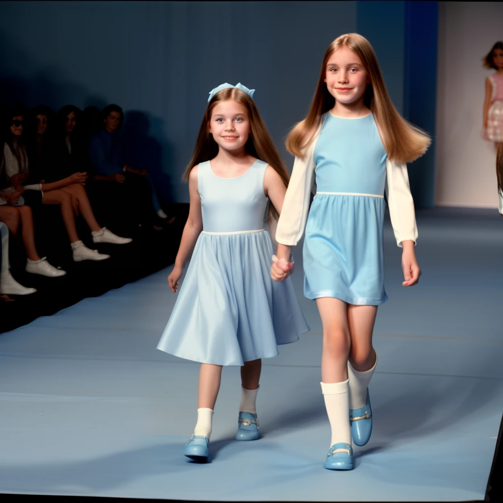 A straight-haired American girl wearing a long light blue '80s dress and parading down the runway with her younger brother