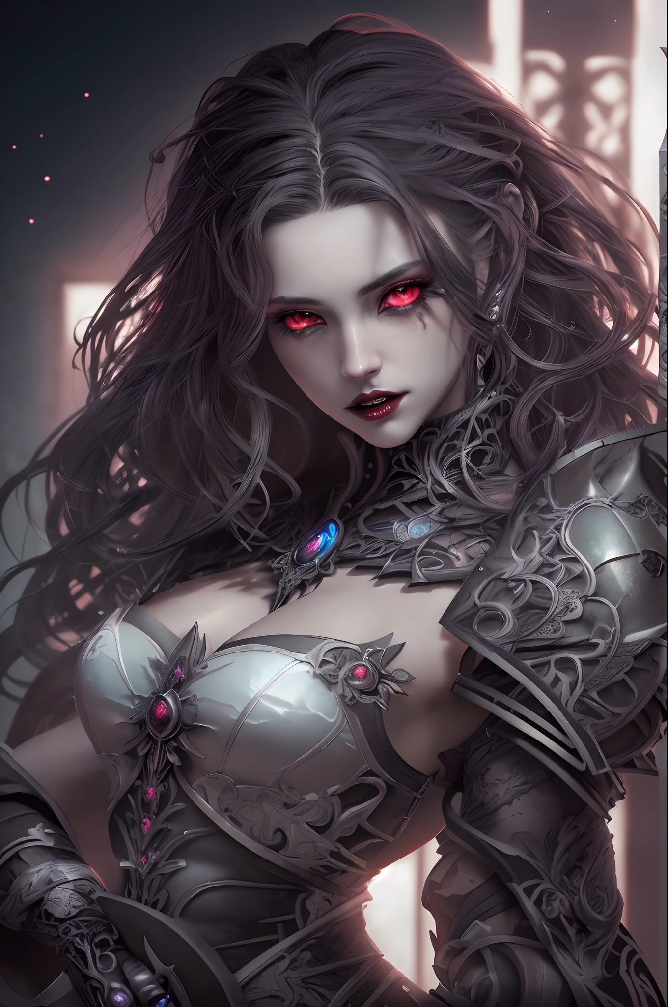 Arafed, dark fantasy art, gothic art, a picture of a vampire ready for battle, female vampire, armed with a sword, wearing heavy armor LnF, armed with a sword, shining sword, steel shines, full body, ultra detailed face (intricate detailed, Masterpiece, best quality: 1.4), pale skin, gloeing eyes, red eyes, ultra feminine, pale skin, dynamic hair, dark fantasy urban street (intricate detailed, Masterpiece, best quality: 1.4), moon light, star light, clouds, Wide-Angle, Ultra-Wide Angle, high details, best quality, highres, 1080P, 8k, anatomically correct