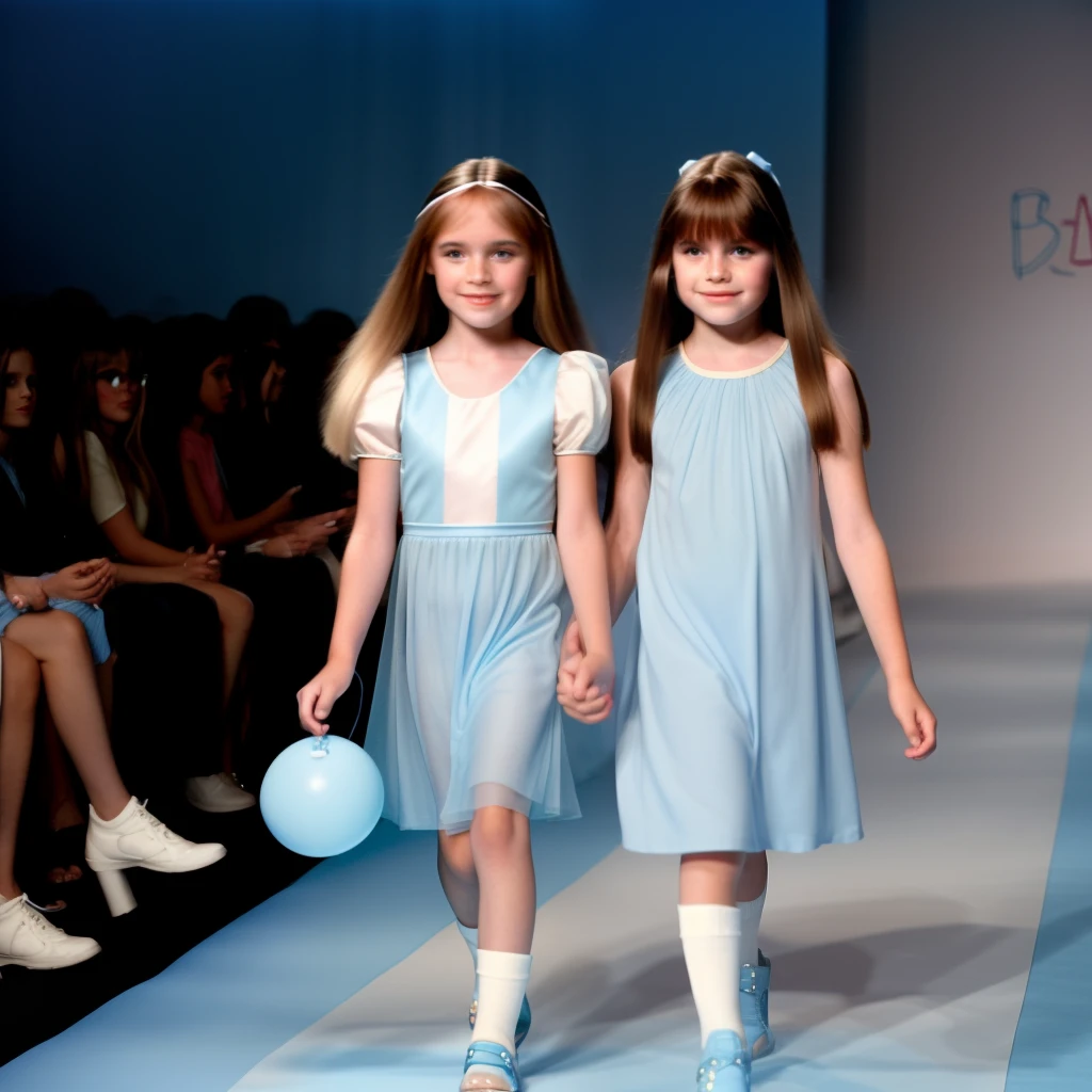 An American girl with straight hair wearing a long light blue dress and wearing heels with details parading down the runway alongside her elegant sister