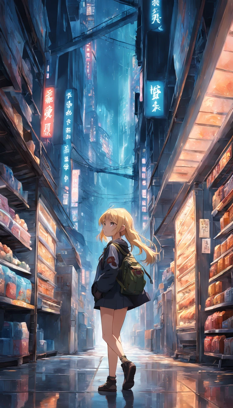 a blond，Full body, Dark、The background is a building district、New supermarket construction site、stroll、