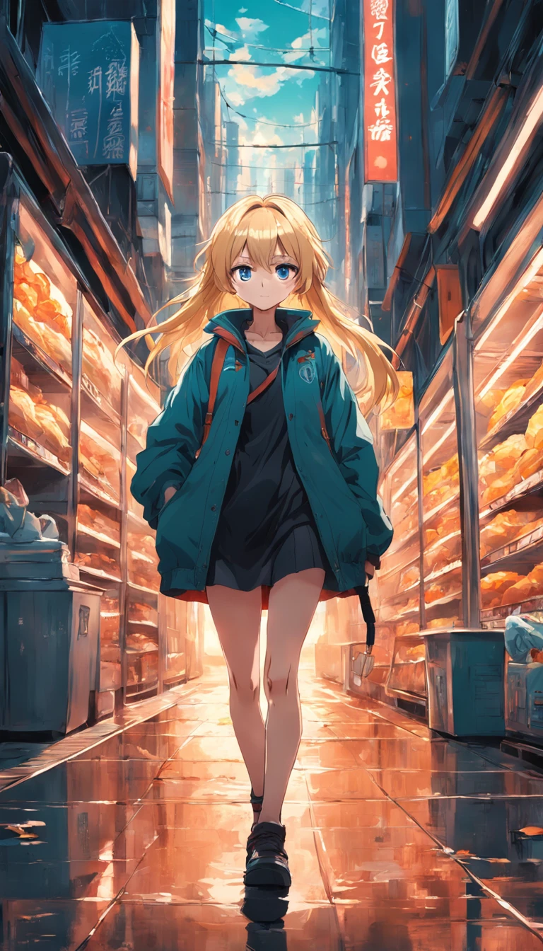 a blond,Full body, Dark、The background is a building district、New supermarket construction site、stroll、