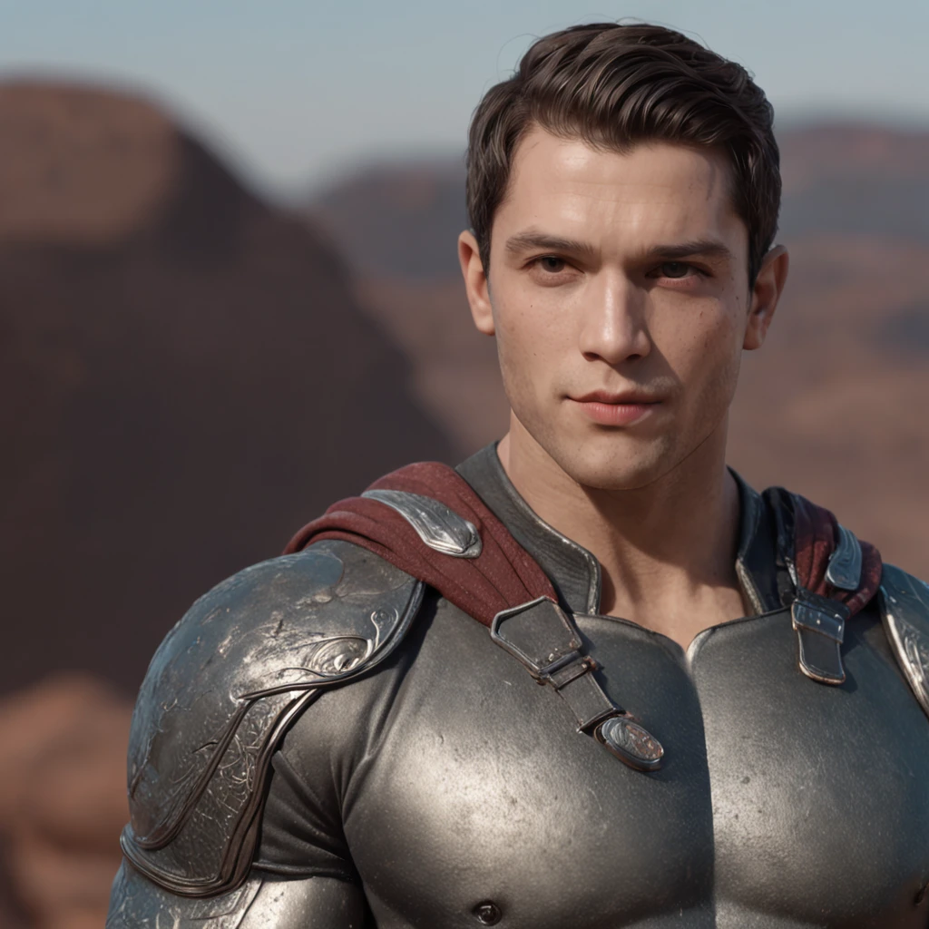 Young cute handsome white face beautiful skinny shirtless with a shield in his hand red sky gray, leon