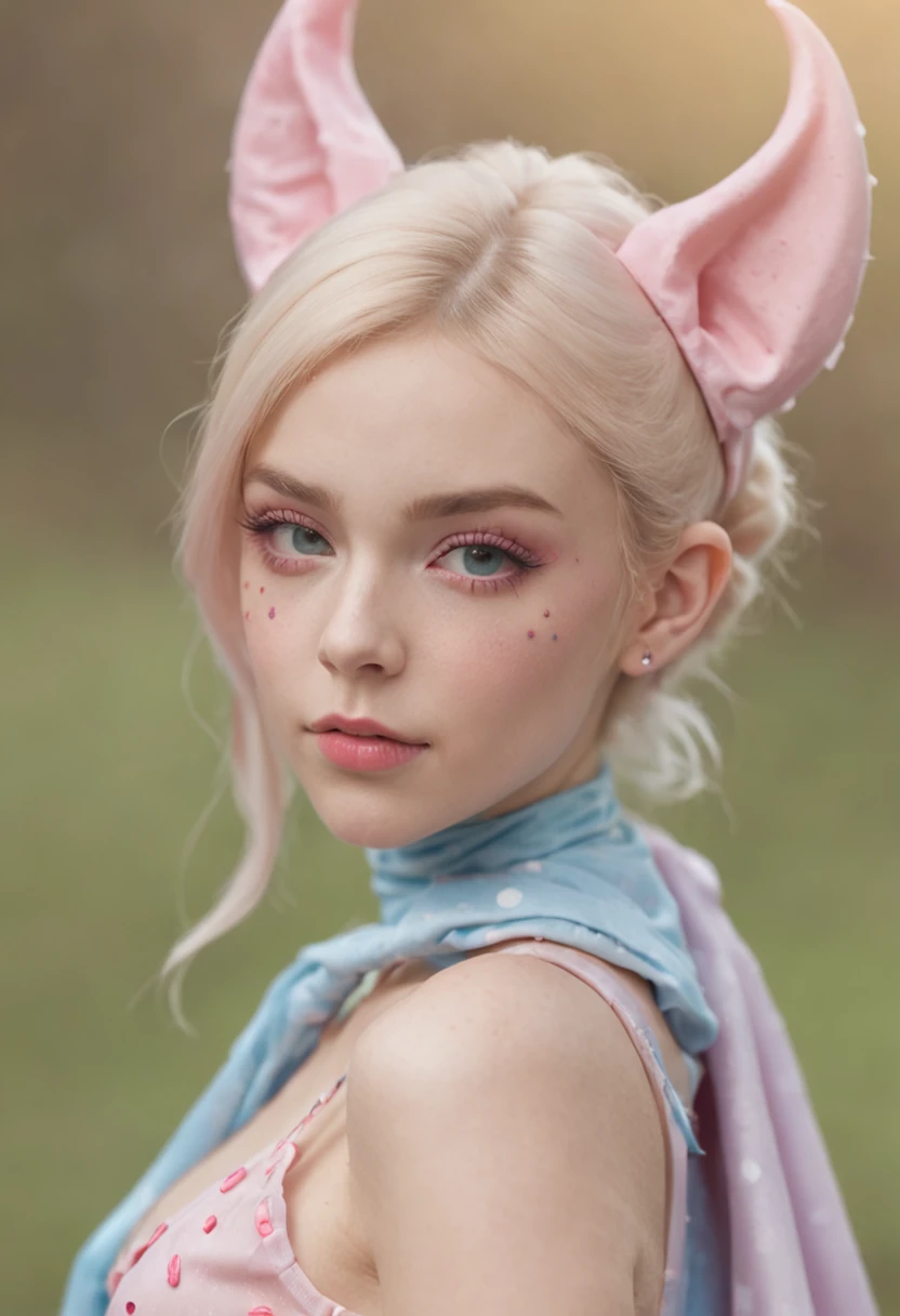a beautiful masterpiece photo, real picture of a girl. She is half-bat, and has long bat ears, and a fluffy neck scarf. She has bat wings on her back The colors are pastel and muted. The color palette consists mostly of yellow, blue and pink, she has blonde hair with blue streaks styled in buns. she wears a short pleated skirt that is very fashionable. She is sitting in a throne made out of sweets and pastries. For example donuts, sprinkles, candy, lollipops, candycane, cake, cupcakes, cakepops. The picture has polka dot patterns and other cute aesthetics