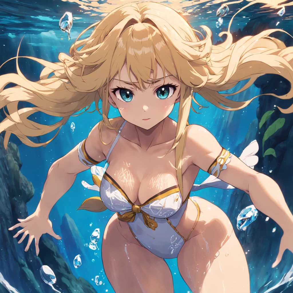 Menina sereia anime, sereia, menina brava, blonde girl, sereia, Water powers, with flowing blond hair, sombreamento estilo anime plano, mulher anime, personagem estilo anime, estilo anime plano, pose poderosa, cabelo loira, roupas de sereia, pose poderosa, aquatic, menina anime poderoso, underwater