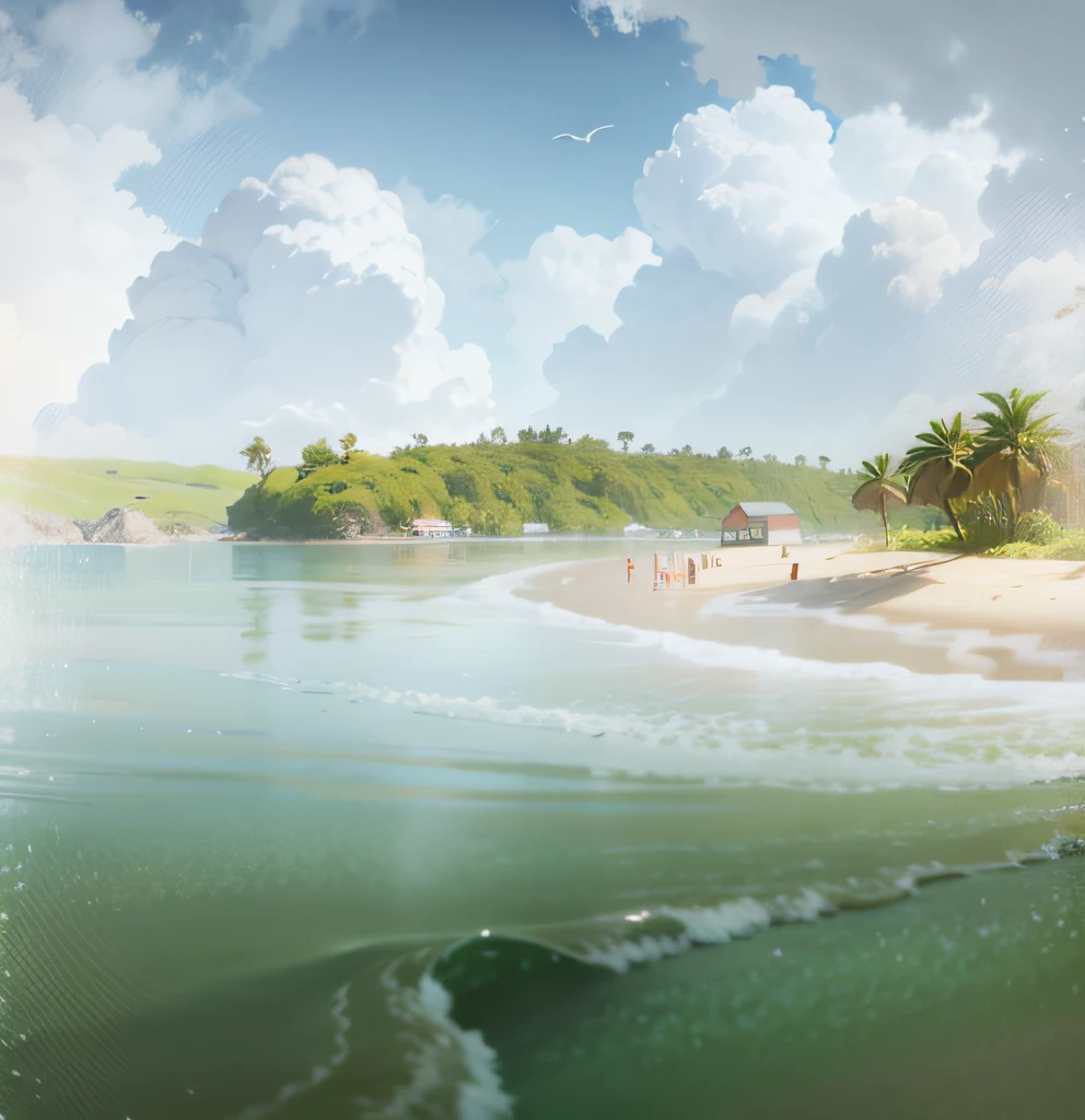 paisagem de uma baia, com montanhas, arvores, tide, rochas, sol poente, Twilight, colorful children's book illustration, vegetation, palmeiras, heaven, nuvens, Sharp image with contrasts, Follhagens, Housing, montanhas no horizonte, native trees, arbusto, ::n_Ondas na praia