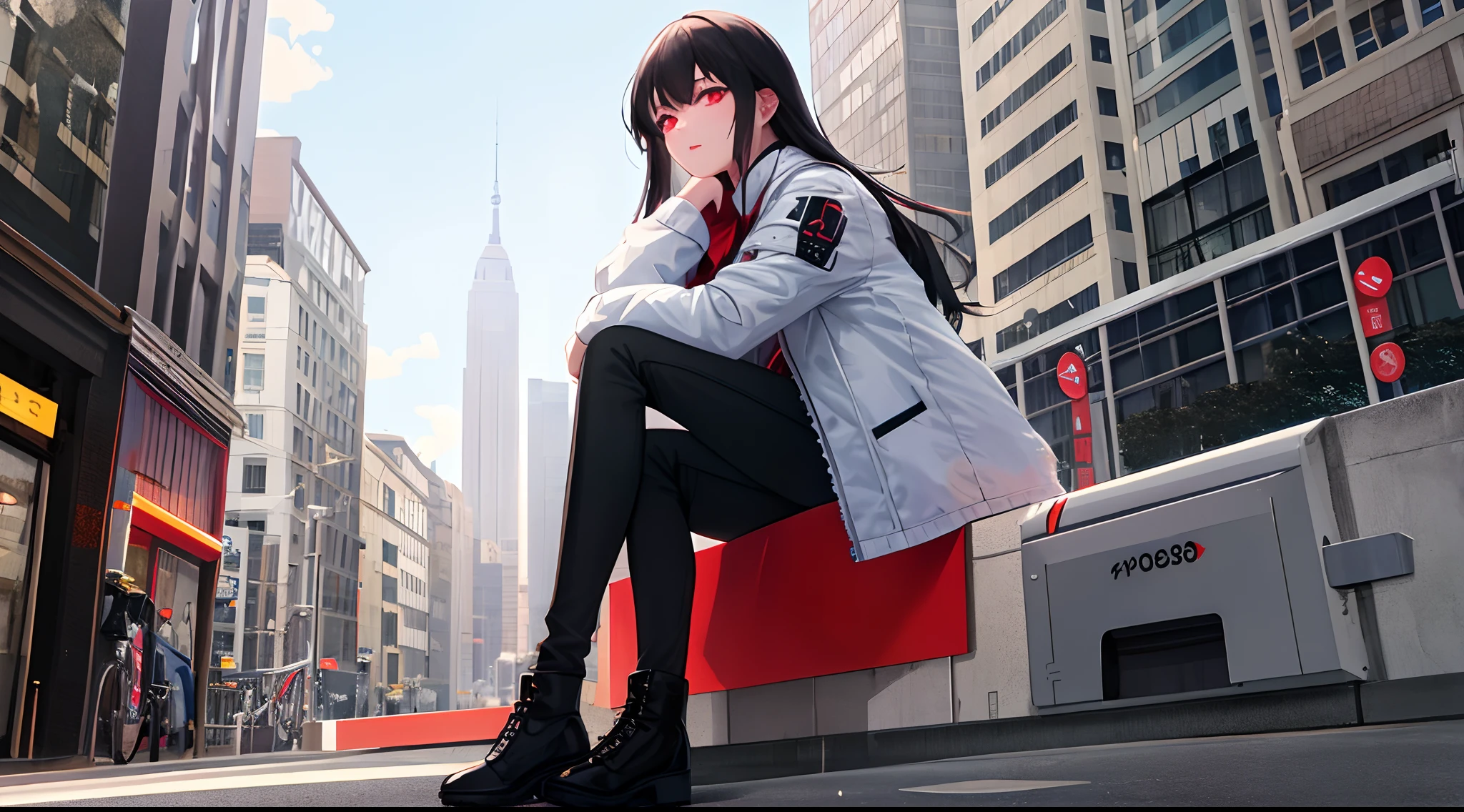 ((masterpiece, best quality, hiper detailed, highres, 16k, uhd)), 1girl, sharp face, full body portrait, floating hair, expressive hair, long hair, black hair, red highlight, red eyes, beautiful detailed eyes, glowing red eyes, wearing a white shirt and black jacket, black pants and black boots, street, buildings highly illuminated, high detailed sky, crowd city,