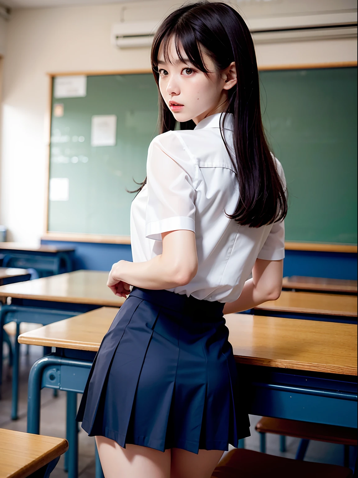 Silver short bob hair:1.8, Beautiful woman, profile、(Short Sleeve White Sailor School Unishape、navy pleated skirt:1.5), lift your butt:1.5,bare hands:1.5, very sexy, ultimate image quality, (school classroom:1.5), bright light、Cute face and beautiful butt:1.2, constricted waist、beautiful figure、 shape、beautiful skin,