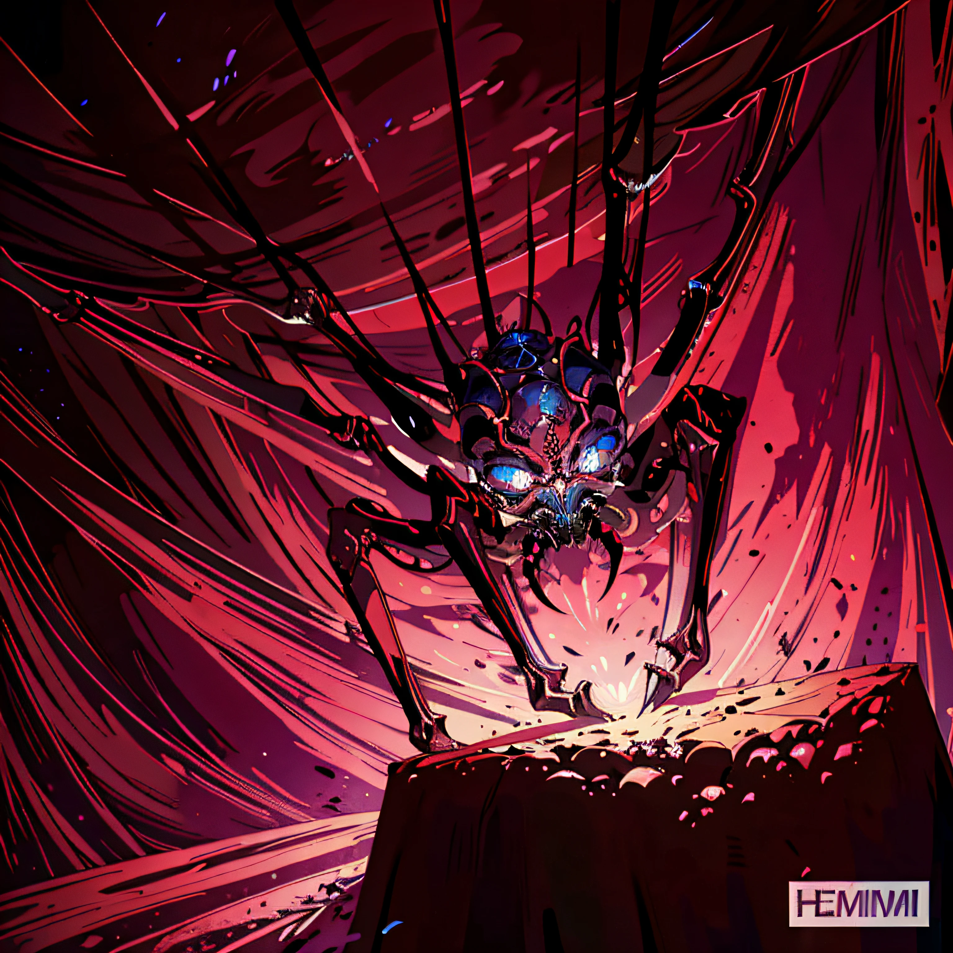 There is a spider sculpture that is sitting at a table, rsrs, com olhos vermelhos brilhantes, uma aranha gigante feia, Aranha gigante em primeiro plano, spider - estilo de arte verso, full-colour illustration, criatura sinistra escondendo detalhado, baixo detalhamento. pintura digital, Criatura das sombras penumbral, com olhos vermelhos brilhantes, olhos vermelhos brilhantes, aranha gigante, an ominous fantasy illustration