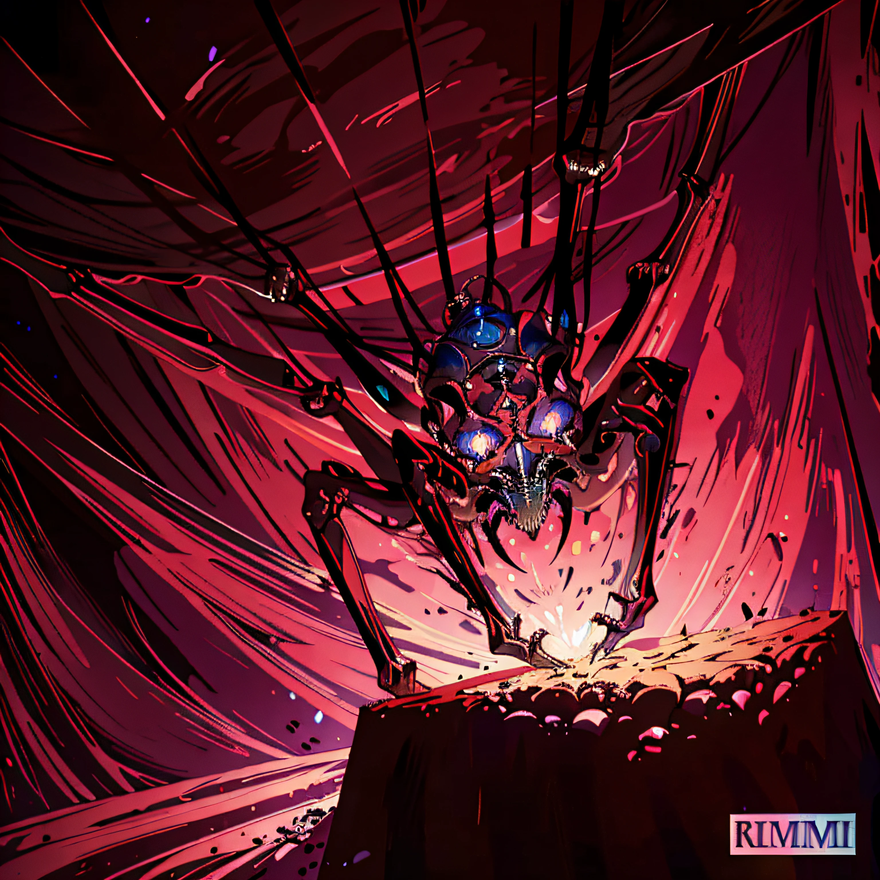 There is a spider sculpture that is sitting at a table, rsrs, com olhos vermelhos brilhantes, uma aranha gigante feia, Aranha gigante em primeiro plano, spider - estilo de arte verso, full-colour illustration, criatura sinistra escondendo detalhado, baixo detalhamento. pintura digital, Criatura das sombras penumbral, com olhos vermelhos brilhantes, olhos vermelhos brilhantes, aranha gigante, an ominous fantasy illustration