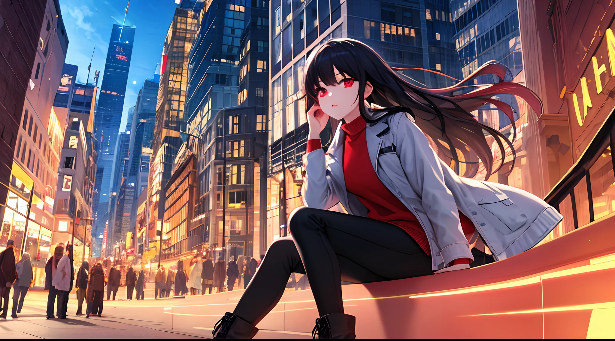((masterpiece, best quality, hiper detailed, highres, 16k, uhd)), 1girl, sharp face, beautiful detailed face, full body portrait, floating hair, expressive hair, long hair, black hair, red highlight, red eyes, beautiful detailed eyes, glowing red eyes, wearing a white shirt and black jacket, black pants and black boots, street, buildings highly illuminated, high detailed sky, crowd,