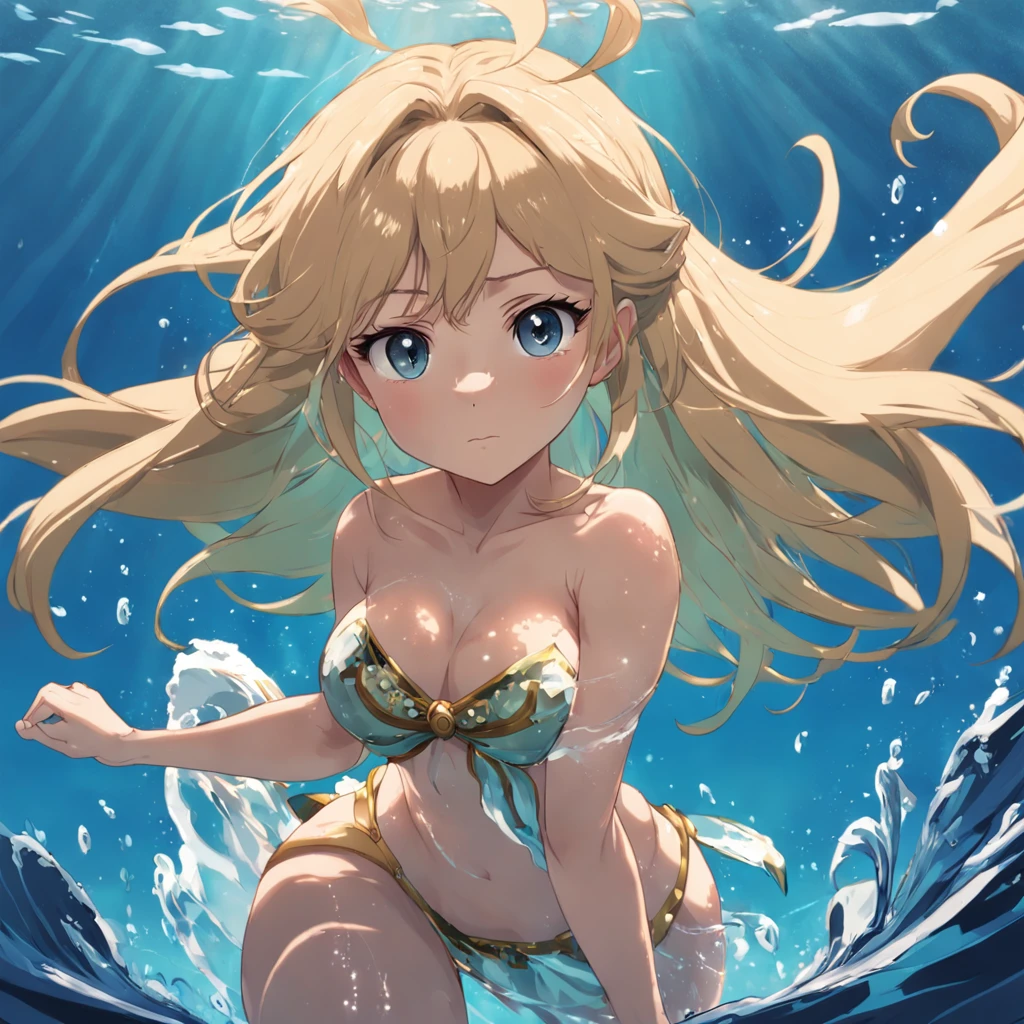sereia anime, sereia, menina, blonde girl, sereia, Water powers, with flowing blond hair, sombreamento estilo anime plano, mulher anime, personagem estilo anime, estilo anime plano, pose poderosa, cabelo loira, roupas de sereia, pose poderosa, aquatic, menina animeoso, underwater