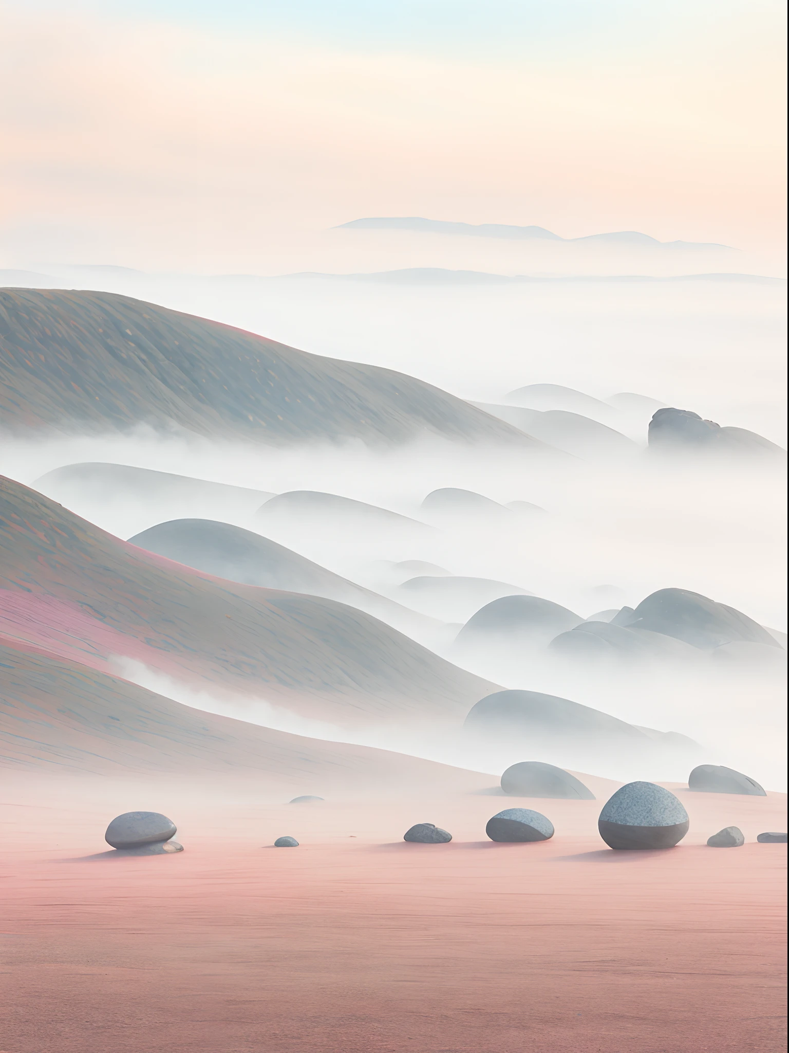 There are no characters,Gray ground,Pink fog,mist,dust kicked up,steins,Cyan sky,Photographic works,Photorealistic and realistic,There are some strange stones in the foreground,