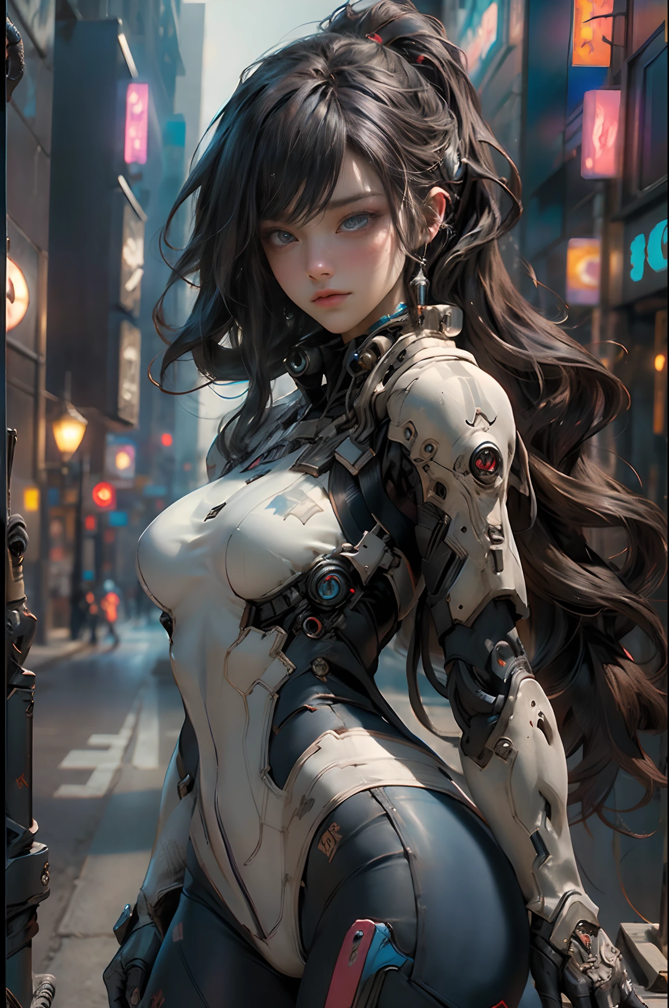 ((best quality)), ((masterpiece)), ((realistic)), (detailed), (photorealistic:1.5), a futuristic girl, (thick body), (white bodysuit), lights on armor, cybernetic headwear, looking at viewer, dynamic pose, post apocalyptic, destroyed city background, buildings on fire, science fiction, hdr, ray tracing, nvidia rtx, super-resolution, unreal 5, subsurface scattering, pbr texturing, post-processing, anisotropic filtering, depth of field, maximum clarity and sharpness, rule of thirds, 8k raw, (luminescent particles:1.4), (extremely detailed cg, unity 8k wallpaper, 3d, cinematic lighting, lens flare), reflections, sharp focus, cyberpunk art, cyberpunk architecture,