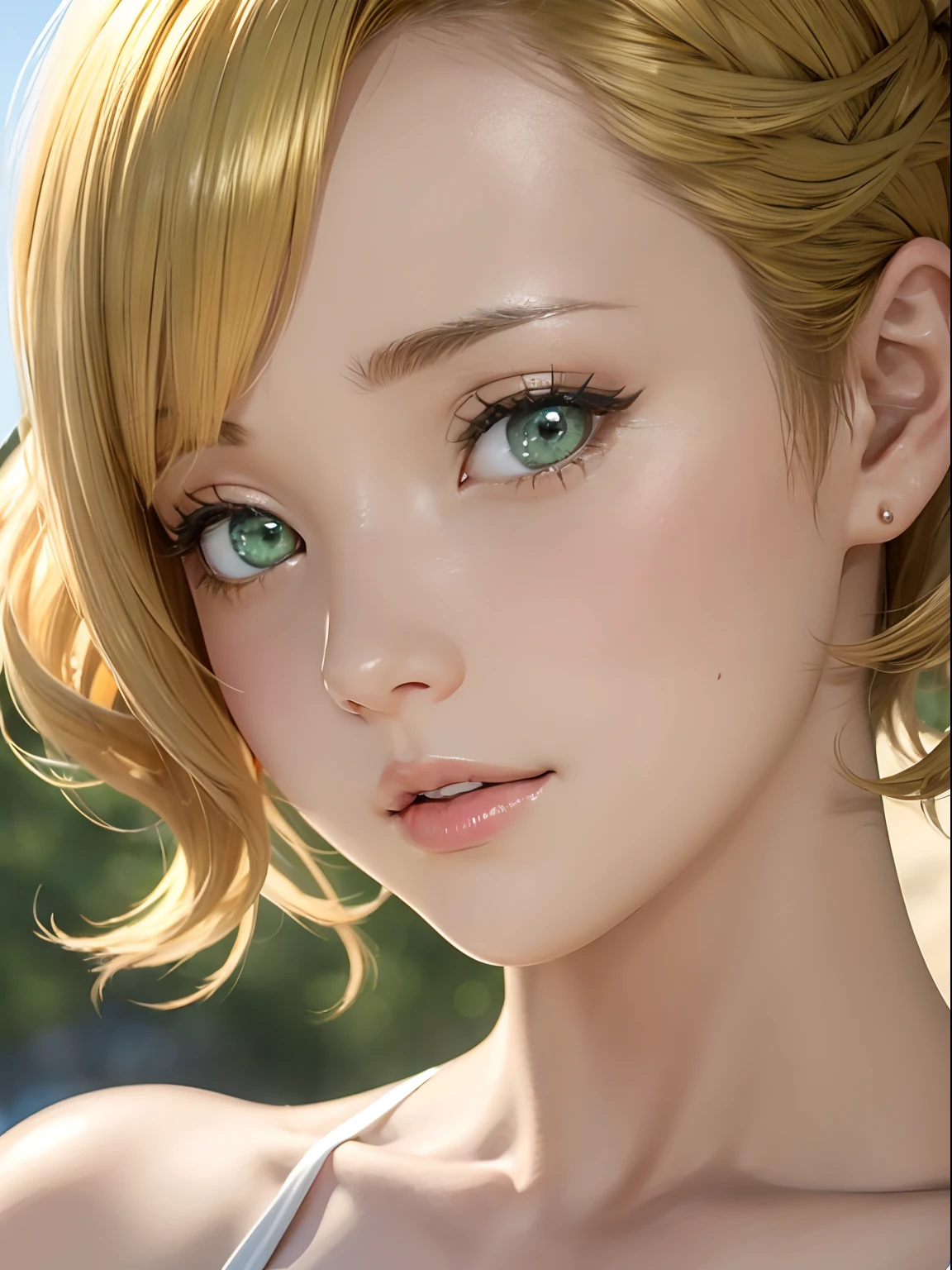 realisitic, high-detail, Hyper Detail, depth of fields, NFSW, 1 Lady, facial close-up, (((1 Lady:1.37, Solo))), (((Extreme close-up of the face))), (Beautiful face, Cute face, Detailed face,), BREAK, ((( Golden hair, short cut hair, Hair pulled back, Wavy Hair, poneyTail))), (((Detailed beautiful green eyes,))), BREAK, (((Sunny))), (((in beach))), BREAK, blazing, Shiny skin, extremely detailed CG unified 8k wallpaper, very fine 8KCG wallpaper, (masterpiece, Best Quality), High resolution, Ultra-detailed, ultra-sharp, Cinematic lighting