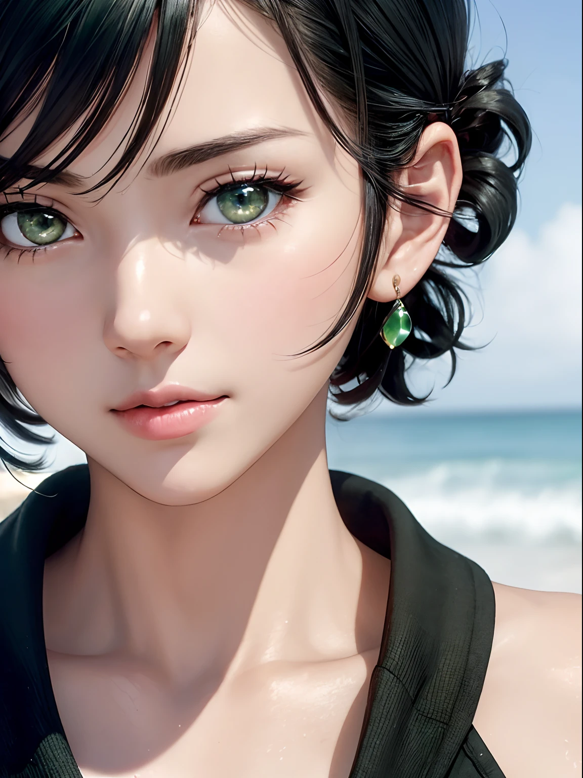 realisitic, high-detail, Hyper Detail, depth of fields, NFSW, 1 Lady,  facial close-up, (((1 Lady:1.37, Solo))), (((Extreme close-up of the face))), (Beautiful face, Cute face, Detailed face,),  BREAK, ((( Black hair, short cut hair, Hair pulled back, Wavy Hair))), (((Detailed beautiful green eyes,))), BREAK, (((Sunny))), (((in beach))), BREAK, blazing, Shiny skin, extremely detailed CG unified 8k wallpaper, very fine 8KCG wallpaper,  (​masterpiece, Best Quality), High resolution, Ultra-detailed, ultra-sharp, Cinematic lighting