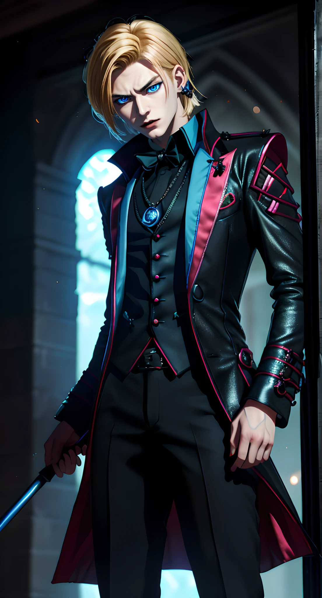 masterpiece, top-quality, 2Others, 1male people,, Adults, Height difference, different color, finely eye and detailed face, intricate detailes, Black Wizarding World Costume, The Magical World of Darkness, A smile, Unhappy, solitude, youthfulness, high-level image quality、 beautiful man、tall、Diabolical, villainess, window、𝓡𝓸𝓶𝓪𝓷𝓽𝓲𝓬、British men, Idol Photos, k pop, Professional Photos, ((Vampire)), Fedoman with necklace, inspired by Sim Sa-jeong, androgynous vampire, :9 detailed face: 8, extra detailed face, detailed punk hair, ((Light blue eyes)) baggy eyes, Seductive. Highly detailed, semi realistic anime, Vampires, hyperrealistic , delicate androgynous prince, imvu, short hair above the ears, Man with short hair, Glaring expression, Angry look, ((British man with short blonde hair and light blue eyes)), ((Darkness attribute))