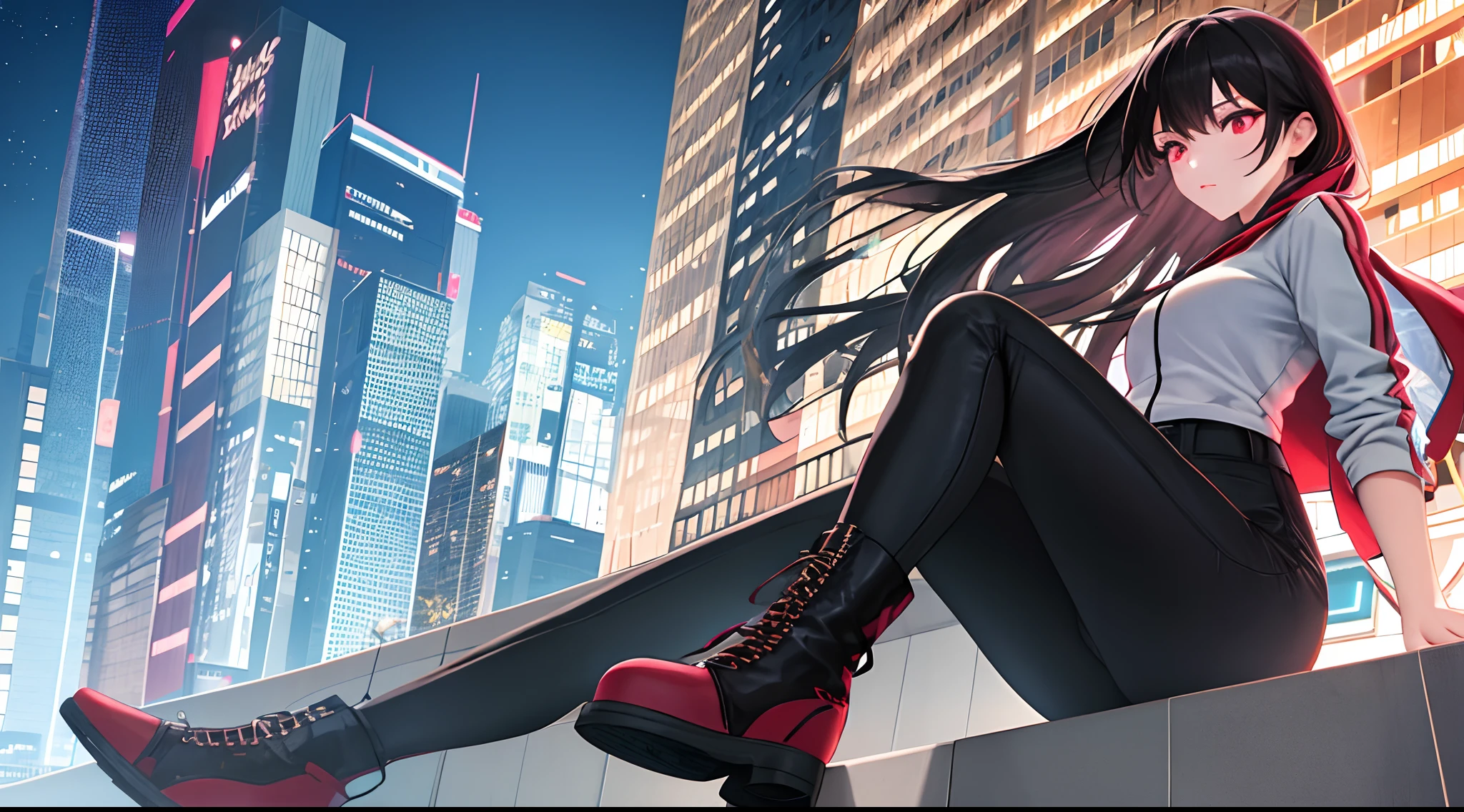 ((masterpiece, best quality, hiper detailed, highres, 16k, uhd)), 1girl, sharp face, beautiful detailed face, full body portrait, floating hair, expressive hair, long hair, black hair, red highlight, red eyes, beautiful detailed eyes, glowing red eyes, wearing a white shirt and black jacket, black pants and black boots, street, buildings highly illuminated, high detailed sky, crowd,