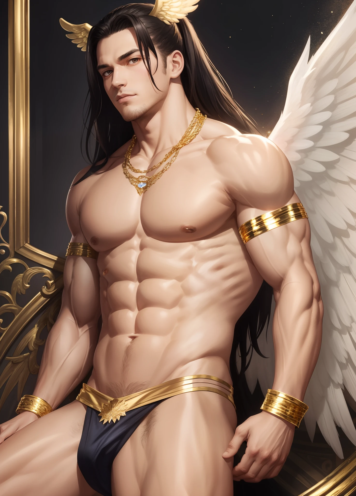 1guy, solo, 19 years old, muscular body, large male chest, white translucent mantle, long white mqntle, bare chest, bare shoulders, gold loincloth, gold leg jewelry, red eyes, long black hair, loose long hair, two pigtails, angel wings, big ideal , big , one pair of --auto --s2