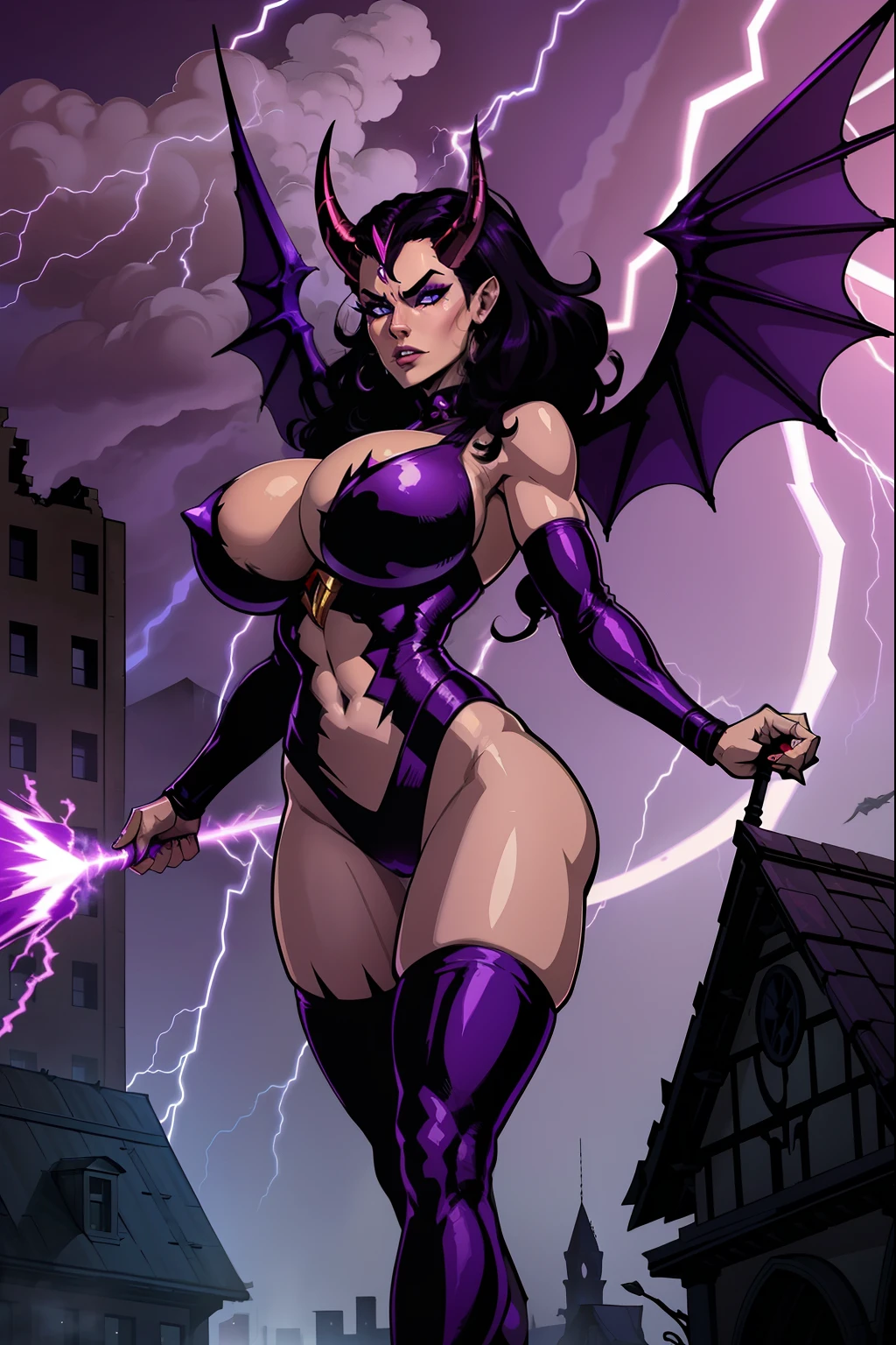 Lisa Ann as a hyper-giant, Hyper-powerful demon with a demon horn on its head and demon wings, and throws purple lightning bolts at a building, ville en ruine post apocalyptique,