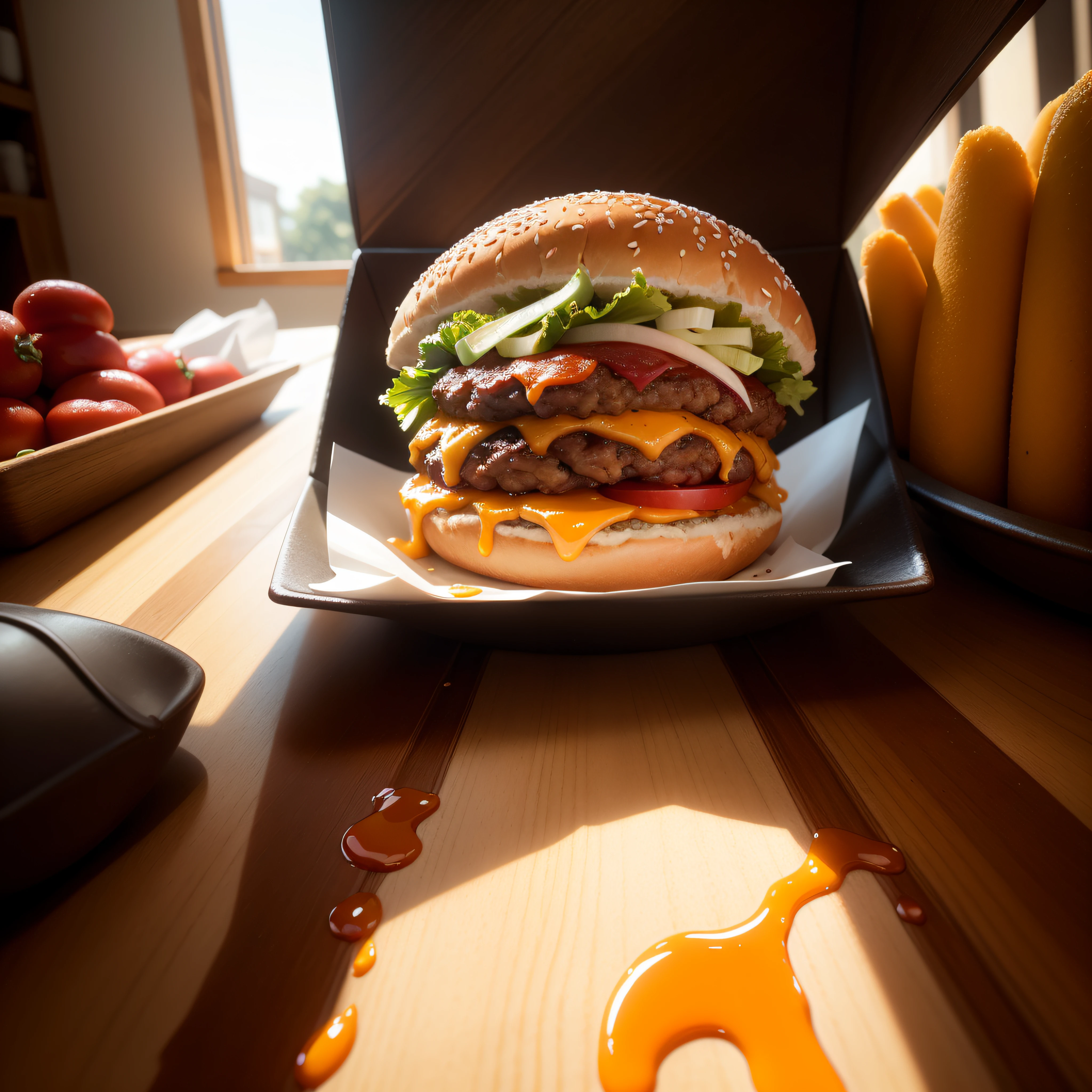 In the dim light of a well-lit photography studio, A magnificent scene unfolds. A handmade burger hangs in the air, captured at the height of his juicy perfection. The backdrop is an endless black screen that dissolves into nothing, Focusing all attention on the protagonist of the photo.
Every detail of the burger is an ode to gourmet cuisine. The bread, fresh out of the oven, apresenta uma crosta dourada e textura levemente crocante. Para a carne, suculenta e saborosa, It is cooked at the exact point to release its juices with the first bite. The fibers of the meat are visible, denotando o amoroso preparo artesanal. A slice of melted cheese slides lazily along the edge of the meat, convidando a um jogo de texturas.
Cebolas caramelizadas espreitam de debaixo do queijo, Adding a bittersweet touch to the experience. Folhas de alface frescas e crocantes descansam elegantemente sobre o queijo, contrasting with the warm colors of the rest of the burger. Slices of dark red and gleaming tomato complete the visual spectacle.
Uma gota de molho especial, consistente e brilhante, It hangs in the air like a liquid gem about to land on the burger. The intense light from the studio is reflected on the surface of the sauce, creating an almost ethereal glow.
The scene is captured in high definition, with such precise detail that every sesame seed on top of the bread is clearly visible. O uso de tecnologia HDR (high dynamic range) intensifica as cores e os contrastes, Creating a vivid and impactful image.
The photographer, Equipped with its state-of-the-art camera, adjusts each parameter with meticulous precision. Shadows and lights dance in harmony, Creating depth and dimension. Through the lens, The burger looks almost three-dimensional, saltando da tela.
In post-processing, o Adobe Lightroom entra em cena. Each pixel is treated with care, enhancing natural colors and smoothing out any minimal imperfections. The contrast is subtly adjusted to highlight the cars