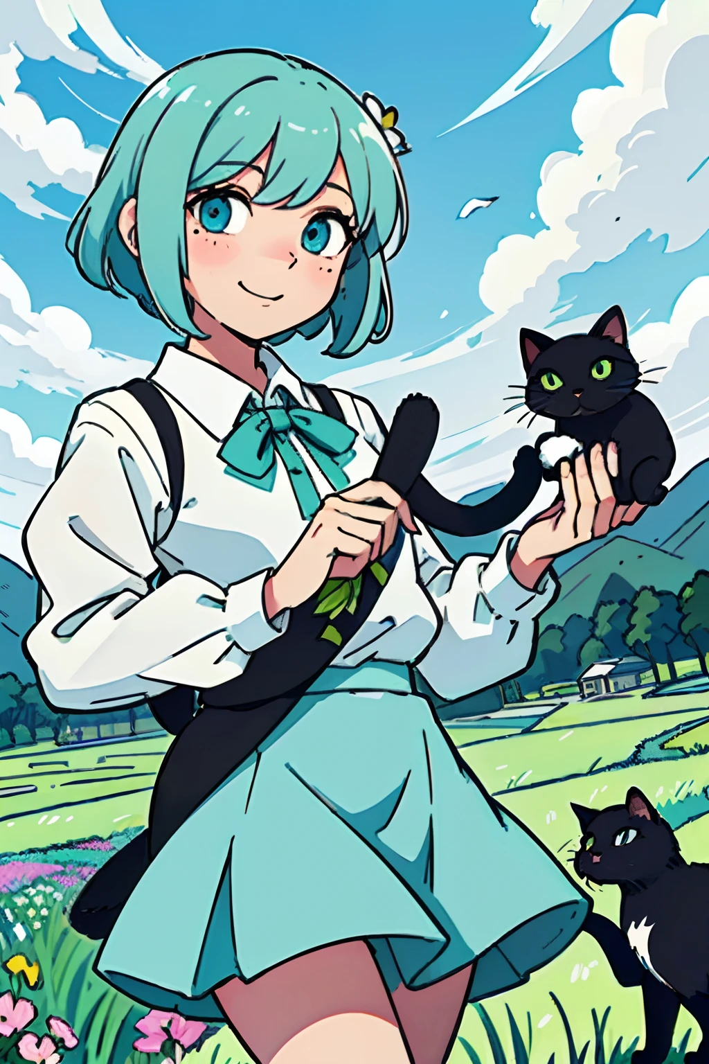 (best qualtiy:0.8),(best qualtiy:0.8),Perfect anime illustration,A pretty mint green fluffy girl with short hair and blue eyes,A mole in the corner of the eye,Wear a comfortable skirt,ssmile,Holding a black cat in his hand,Flowers in large fields in the background,dingdall effect