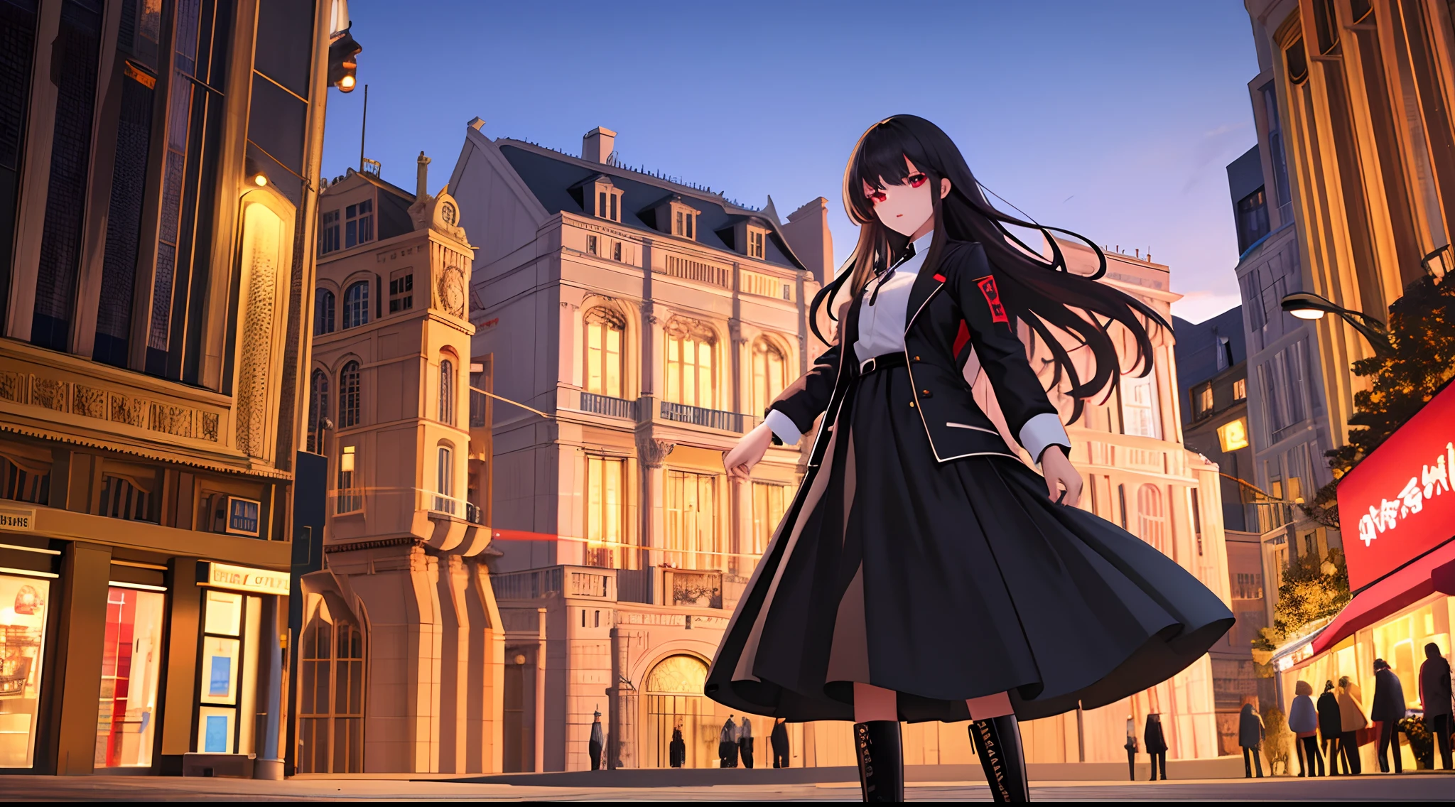 ((masterpiece, best quality, hiper detailed, highres, 16k, uhd)), 1girl, sharp face, beautiful detailed face, full body portrait, floating hair, expressive hair, long hair, black hair, red highlight, red eyes, beautiful detailed eyes, glowing red eyes, wearing a white shirt and black jacket, black pants and black boots, street, buildings highly illuminated, high detailed sky, crowd,