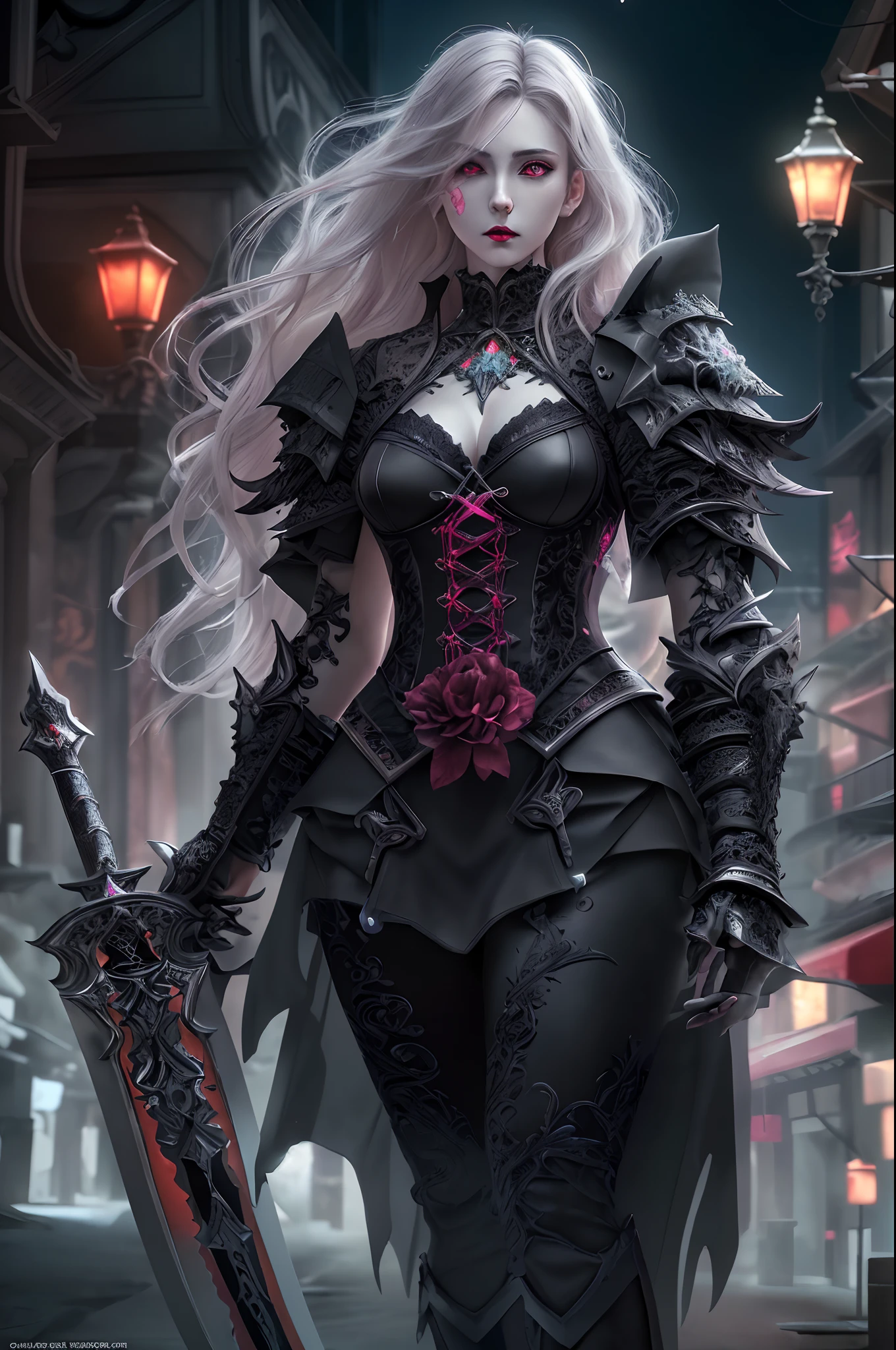 Arafed, dark fantasy art, gothic art, a picture of a vampire ready for battle, female vampire, armed with a sword, wearing heavy armor LnF, armed with a sword, shining sword, steel shines, full body, ultra detailed face (intricate detailed, Masterpiece, best quality: 1.4), pale skin, gloeing eyes, red eyes, ultra feminine, pale skin, dynamic hair, dark fantasy urban street (intricate detailed, Masterpiece, best quality: 1.4), moon light, star light, clouds, Wide-Angle, Ultra-Wide Angle, high details, best quality, highres, 1080P, 8k, anatomically correct