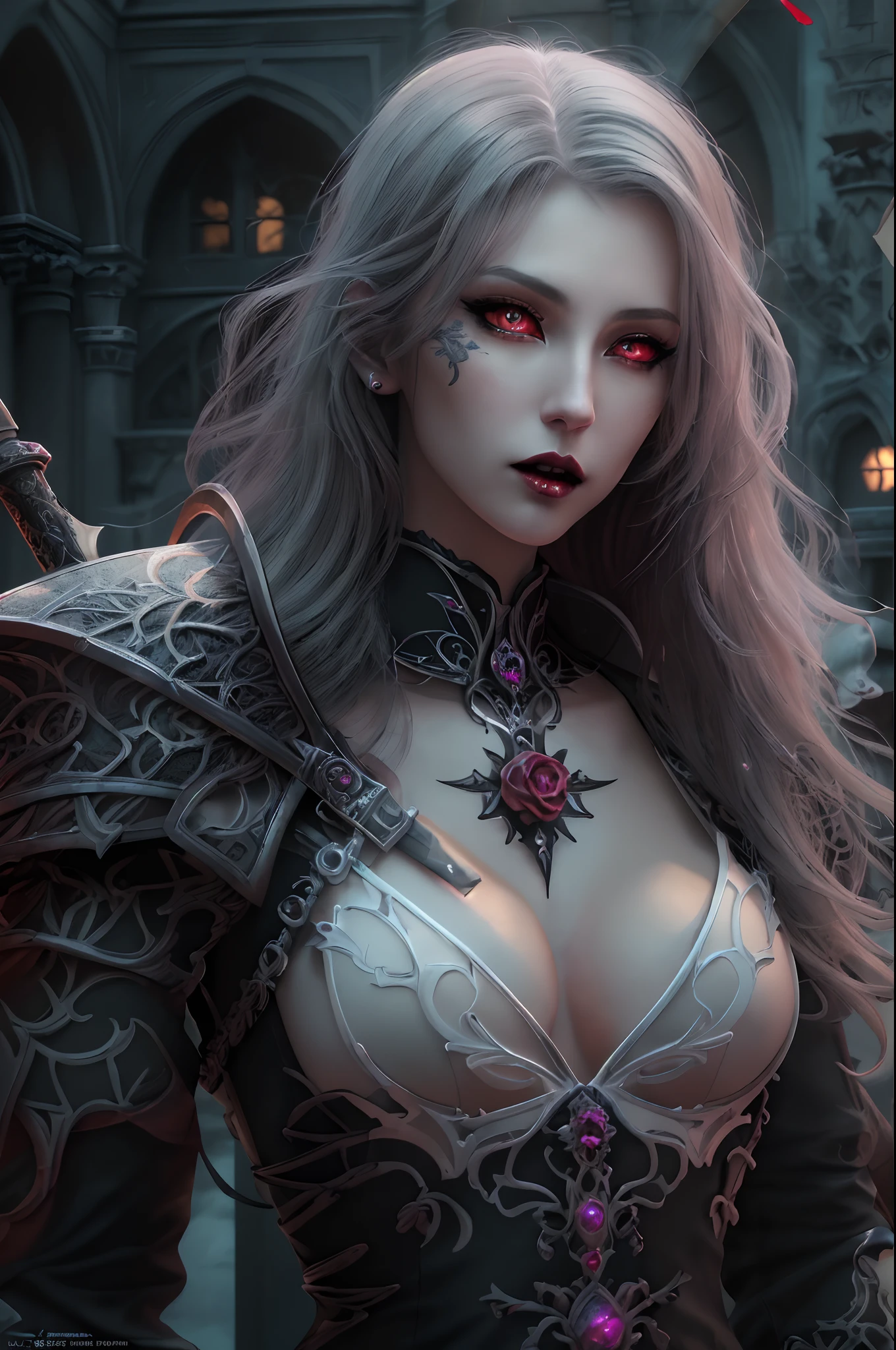 Arafed, dark fantasy art, gothic art, a picture of a vampire ready for battle, female vampire, armed with a sword, wearing heavy armor LnF, armed with a sword, shining sword, steel shines, full body, ultra detailed face (intricate detailed, Masterpiece, best quality: 1.4), pale skin, gloeing eyes, red eyes, ultra feminine, pale skin, dynamic hair, dark fantasy urban street (intricate detailed, Masterpiece, best quality: 1.4), moon light, star light, clouds, Wide-Angle, Ultra-Wide Angle, high details, best quality, highres, 1080P, 8k, anatomically correct