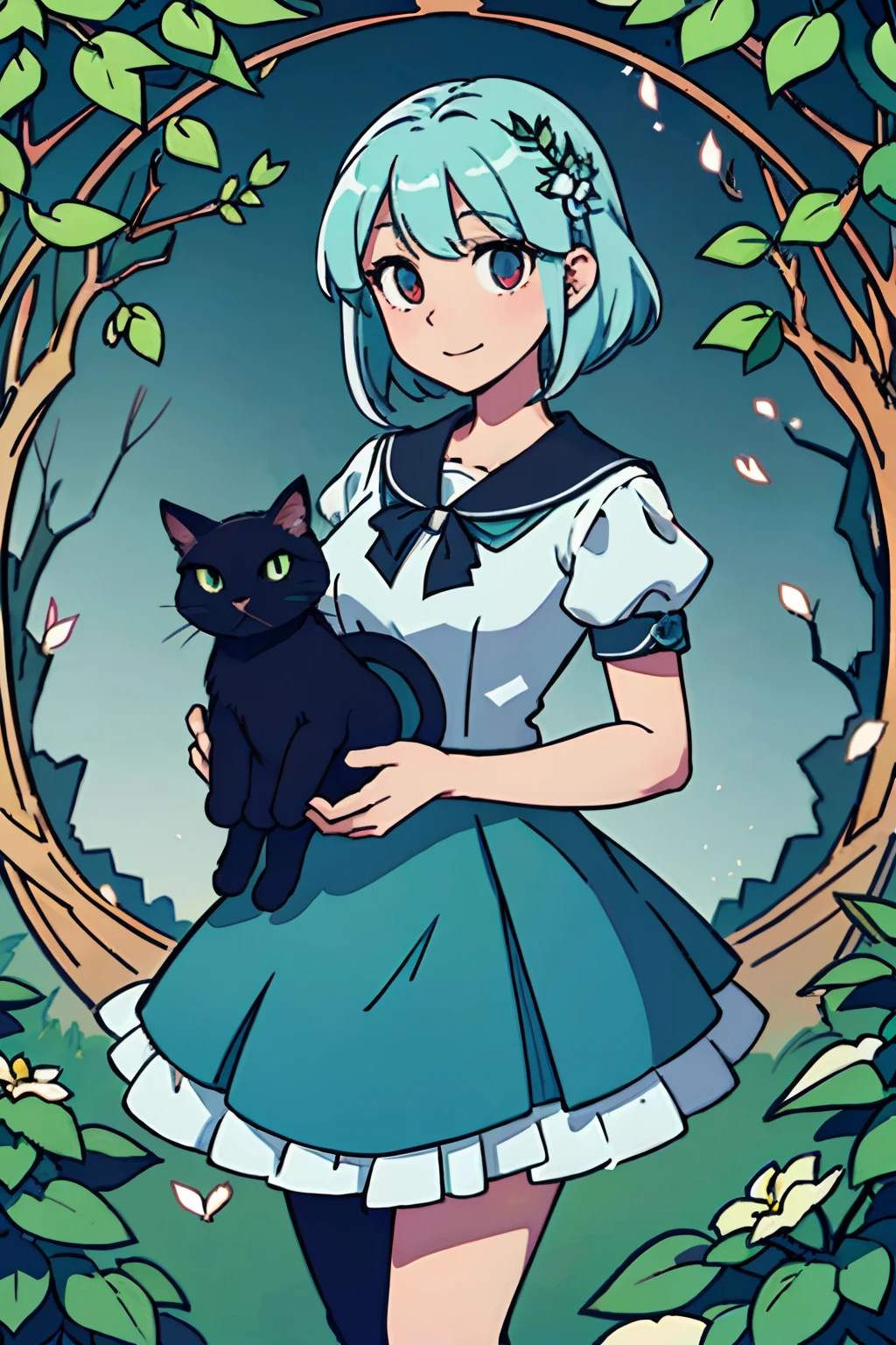 A high resolution，Perfect anime illustration，ultraclear，k hd(schoolgirls)，(tmasterpiece)，Immortal，Delicate beauty，largeeyes，gentleness，[Short mint green fluffy hair]，Sapphire red eyes，Garden with exquisite details，[Full body like]a sense of atmosphere，The proportions are correct，Thorny vines，ssmile，dingdall effect，Holding a black cat in his hand，