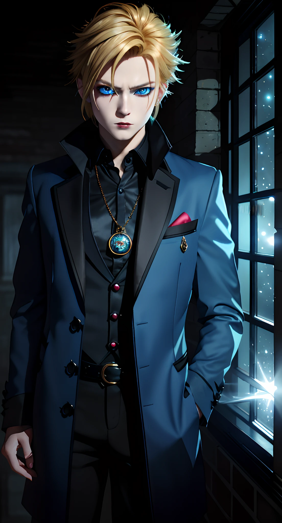 masterpiece, top-quality, 2Others, 1male people,, Adults, Height difference, different color, finely eye and detailed face, intricate detailes, Black Wizarding World Costume, The Magical World of Darkness, A smile, Unhappy, solitude, youthfulness, high-level image quality、 beautiful man、tall、Diabolical, villainess, window、𝓡𝓸𝓶𝓪𝓷𝓽𝓲𝓬、British men, Idol Photos, k pop, Professional Photos, ((Vampire)), Fedoman with necklace, inspired by Sim Sa-jeong, androgynous vampire, :9 detailed face: 8, extra detailed face, detailed punk hair, ((Light blue eyes)) baggy eyes, Seductive. Highly detailed, semi realistic anime, Vampires, hyperrealistic , delicate androgynous prince, imvu, short hair above the ears, Man with short hair, Glaring expression, Angry look, ((British man with short blonde hair and light blue eyes)), ((Darkness attribute))