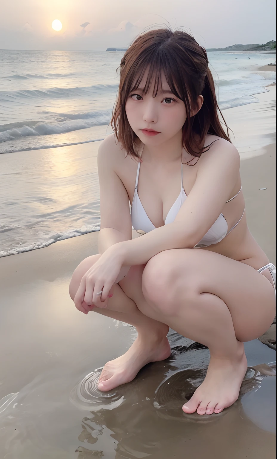 ((top-quality、8K、masterpiece:1.3、blurry backround))、Cute 1 woman with perfect figure:1.4、((ligh brown hair、Medium:1.2))、(wearing white Micro-bikini:1.5)、((Squatting on the sandy beach))、hammock、Beautiful constriction:1.2、Highly detailed facial and skin texture、A detailed eye、二重まぶた、((Dip your feet in the sea))、((crouching down))、((Water))、((Unaware of the camera))、((Sit with your legs stretched))、((Dip your feet in the sea))、((evening))、((Raking up your hair))