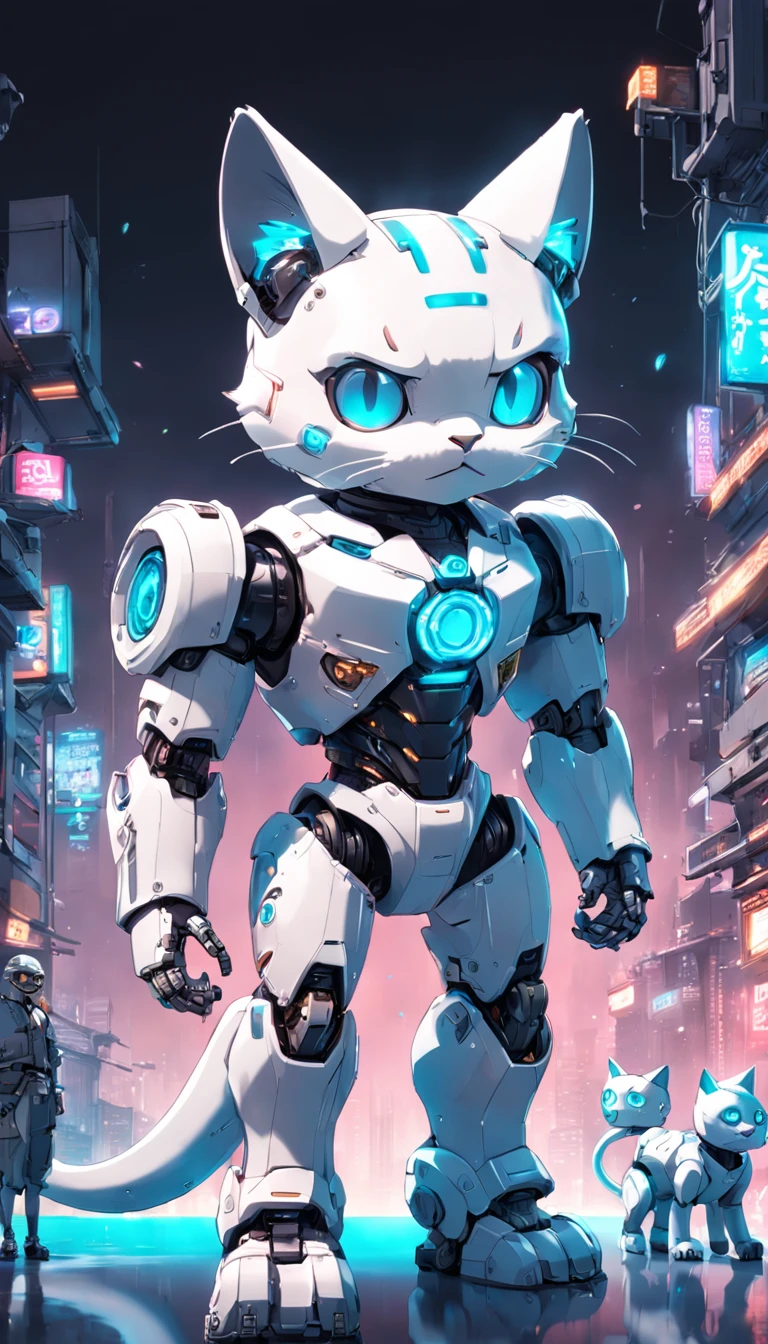 robotic cat, (estilo de brinquedo da caixa cega:1.2), (tiro de corpo inteiro) , 1 Menino Transparente,Behind him is a cute transparent robot cat, Mech transparente, Capacete requintado:1.2, Glasses:1.2, Cyberpunk, brilho sonhador, luminous neon lights, limpo, fundo branco, ( global ilumination, Traching de raias, HDR, unreal render,Reasonable design, alto detalhe, master part, best quality, hiper HD, Cinematic lighting)