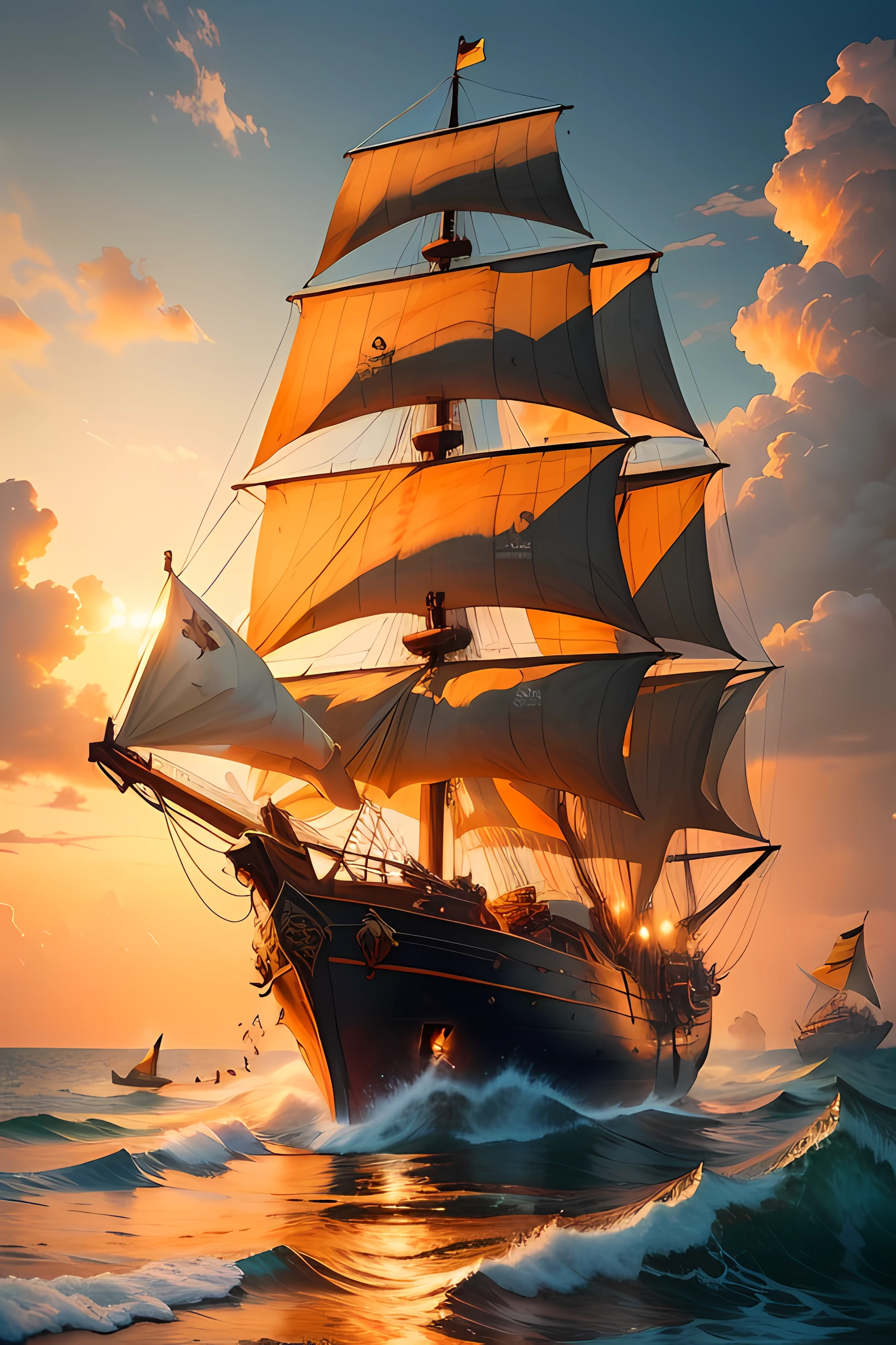 Paint a majestic pirate ship with unfurled sails at sunrise, bathed in warm golden and orange hues. Create a sense of adventure and freedom amidst the calm and serene ocean. Use rich, textured brushstrokes to evoke the texture of oil paint.