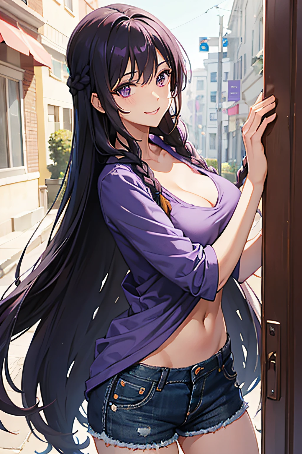 1woman, long braided dark hair, purple eyes, large chest, dressed v-neck t-shirt and denim, smiling and shy