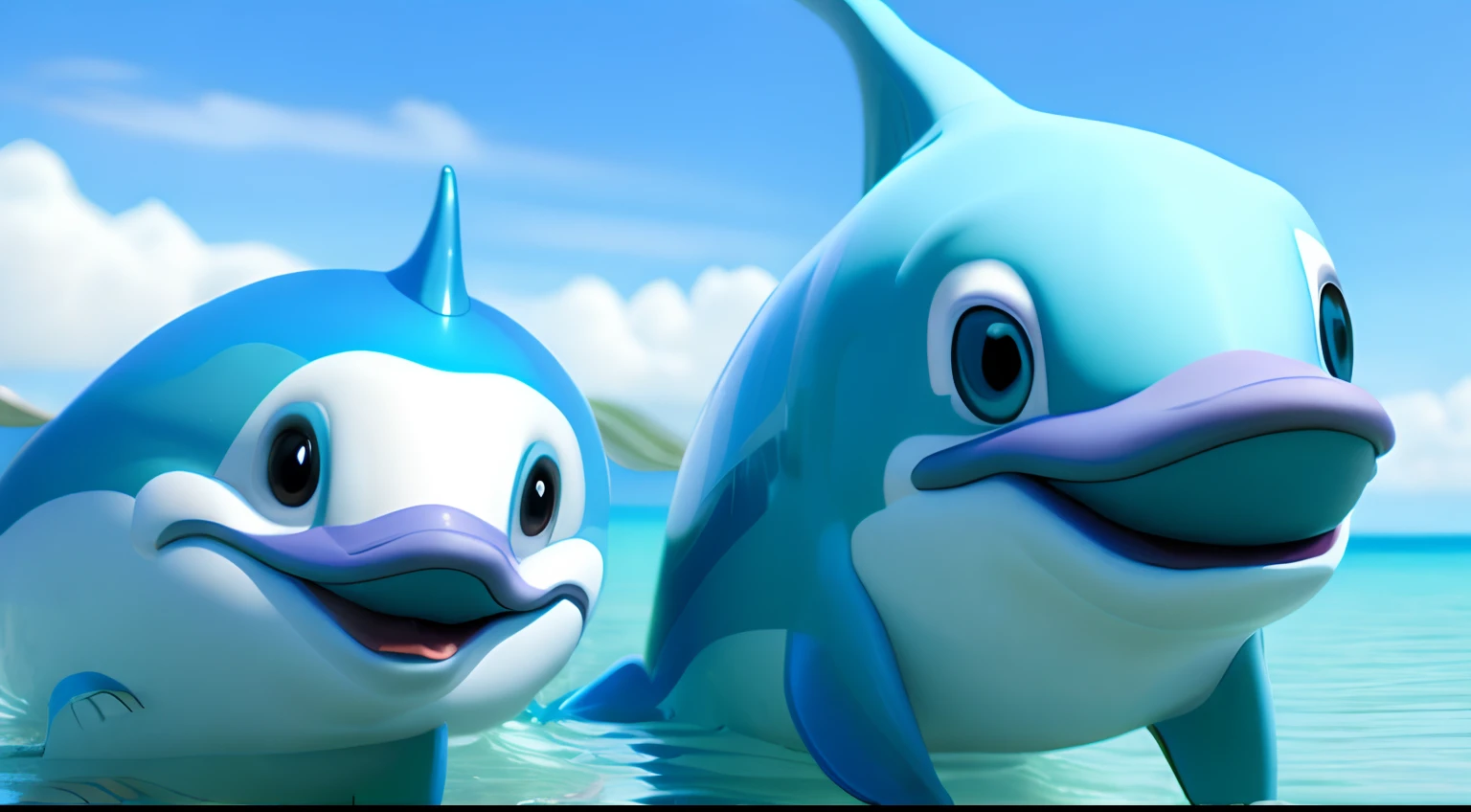 There are several dolphins that are in the sea smiling for the camera, painting digital adorable, bonito 3 d render, arte digital detalhada bonito, renderizado em keyshot, personagem pixar bonito, design de personagem bonito pixar, pequenino, super detailed rendering, smooth 3d CG rendering, toon render keyshot, colored zbrush render, pixar renderman render, stylized as a 3d rendering