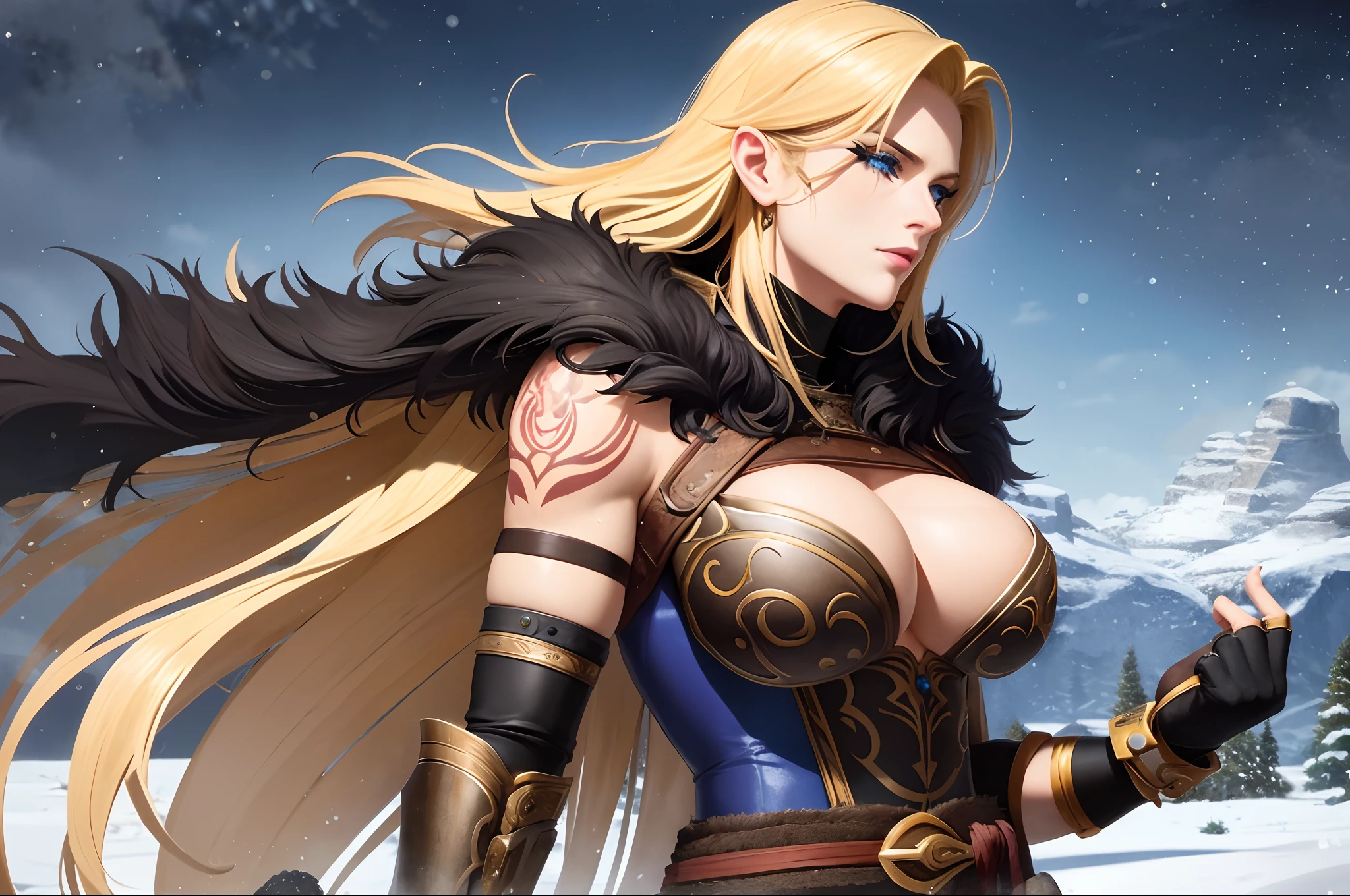 (masterpiece:1.2), (best quality:1.2), perfect eyes, perfect face, perfect lighting, 1girl, mature female barbarian, amazon, tall, muscular, tattoos, long blonde hair, blue eyes, hair in the wind, makeup, eyeshadow, thick eyelashes, fur armor, cloak, cleavage, fingerless gloves, skindentation, dark fantasy, dark, detailed outdoor background, mountains, snow, snowstorm, night, from the side