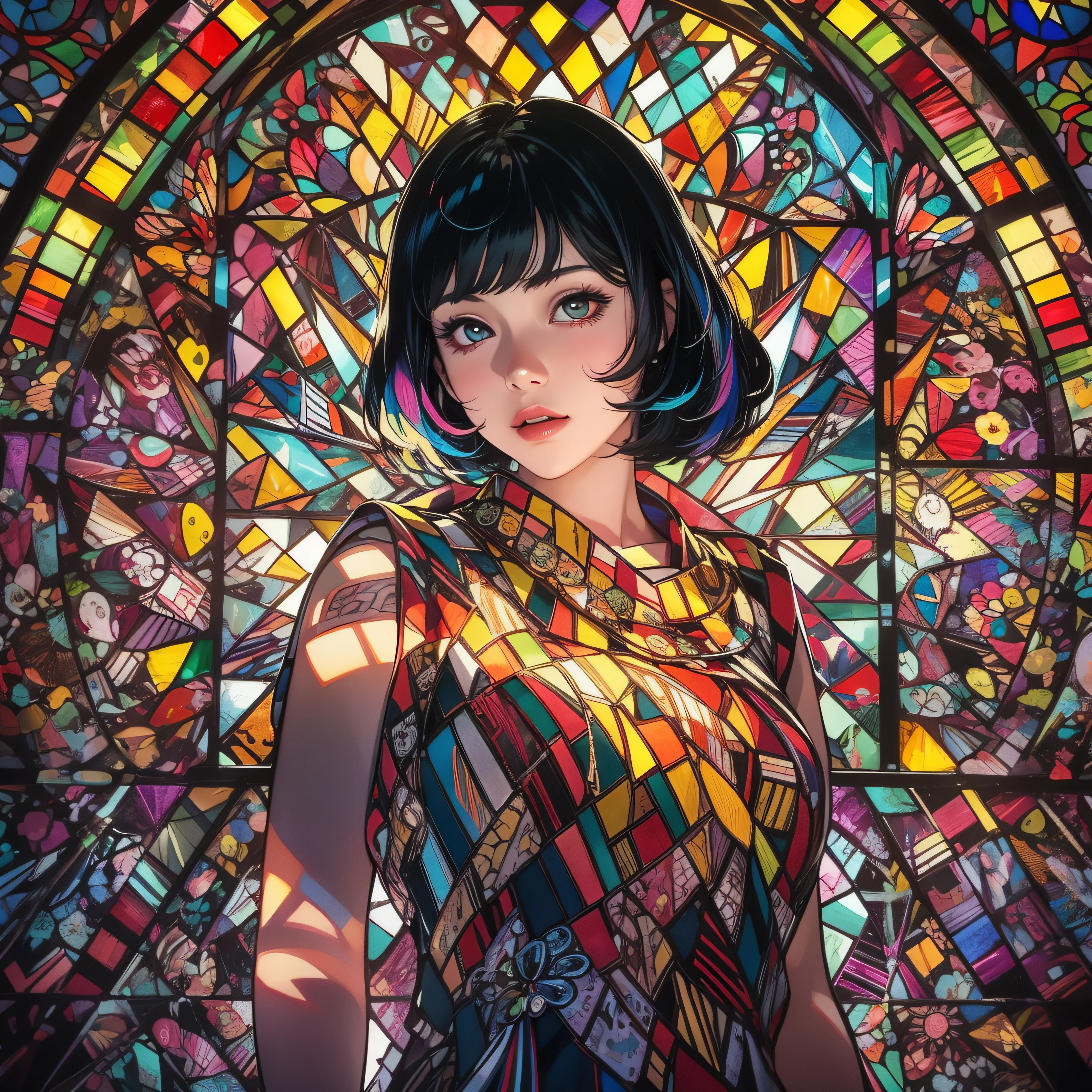 Stained glass style art of full body portrait of beautiful girl with black hair bob cut in costume with deep slit、colourfull、Photorealsitic、highcontrast、Highly detailed background，Realistic，ultra-detailliert，super detailed skin，light glow，Film grain，Expro II，Lens Flare，Sharpen，cinematic shadow